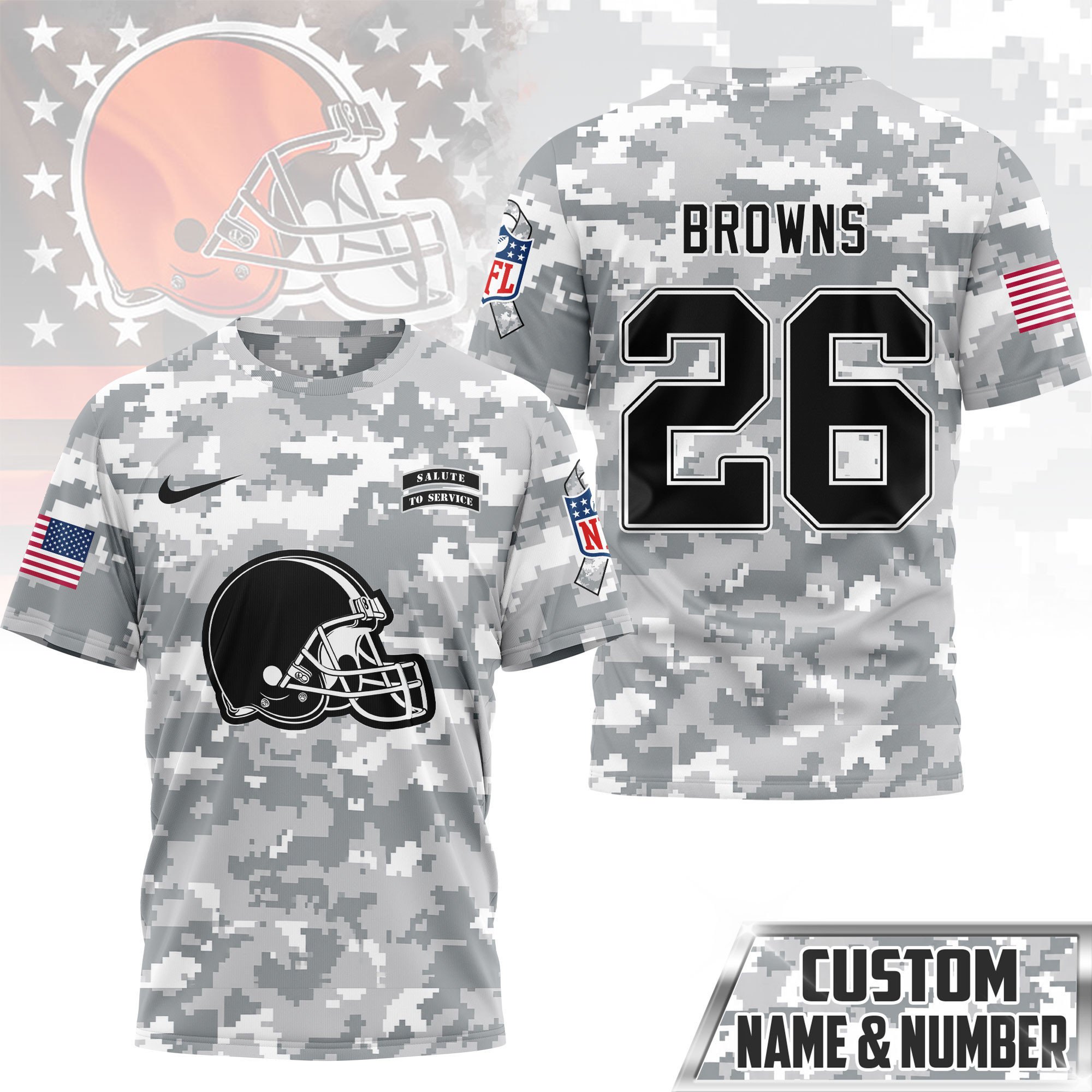 Cleveland Browns | Premium NFL Salute to Service Custom Name & Number Camo 3D Shirt NY