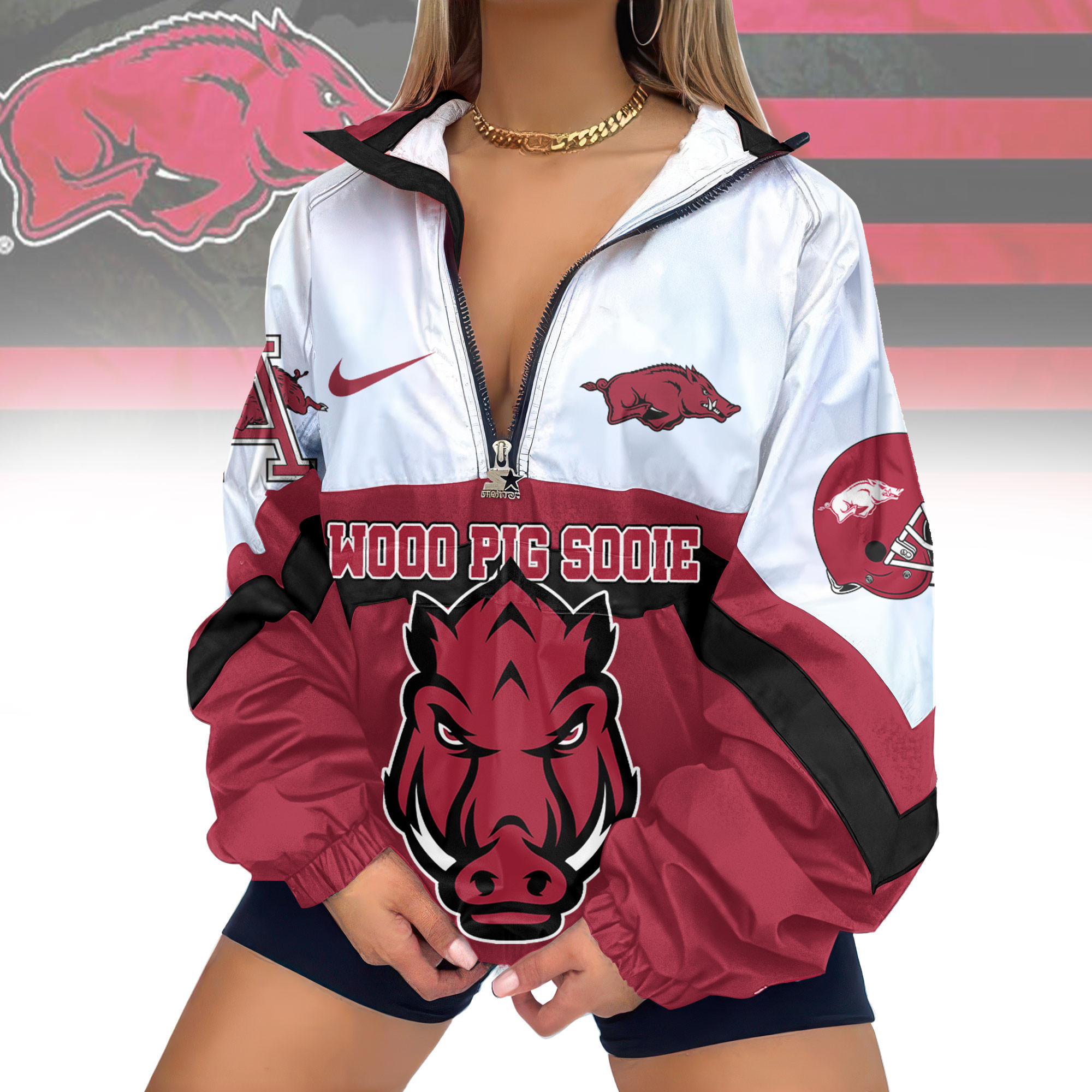 Arkansas Razorbacks | Premium Women's Printed V-Neck Zipper Sweatshirt Jackets TD