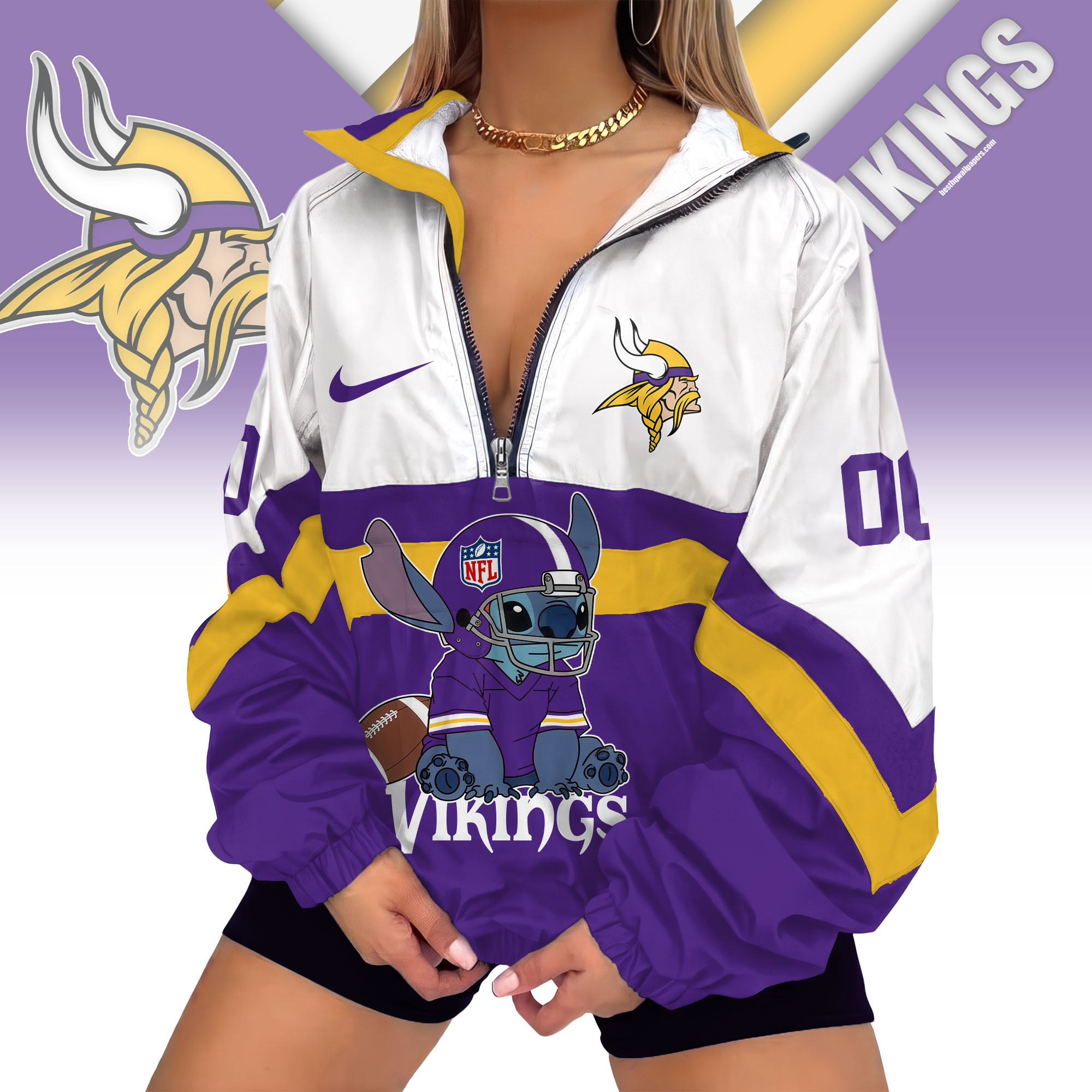 Minnesota Vikings | Premium NFL Cute Team Windbreaker V-Neck Zipper Sweatshirt Jackets NTH1