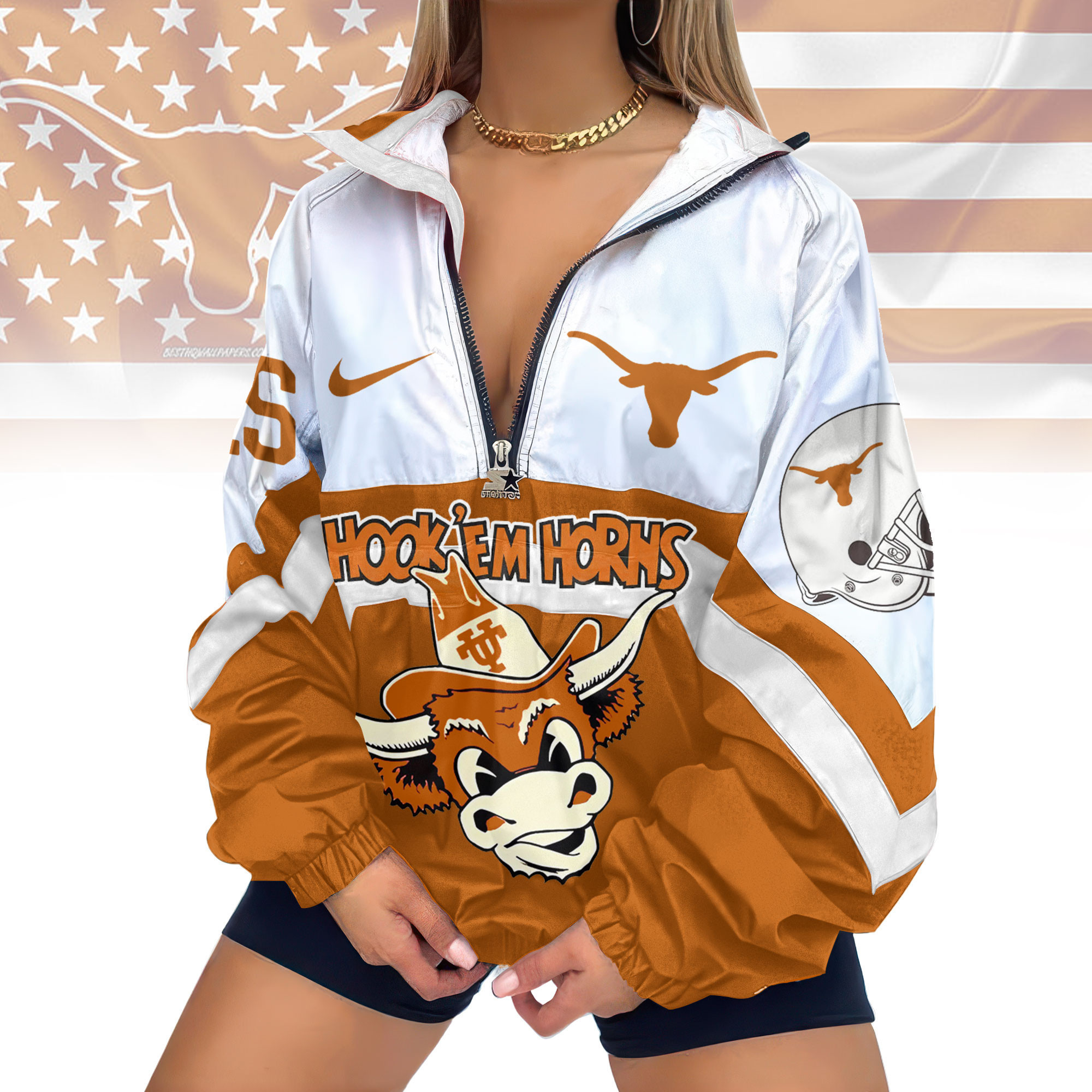 Texas Longhorns | Premium Women's Printed V-Neck Zipper Sweatshirt Jackets TD