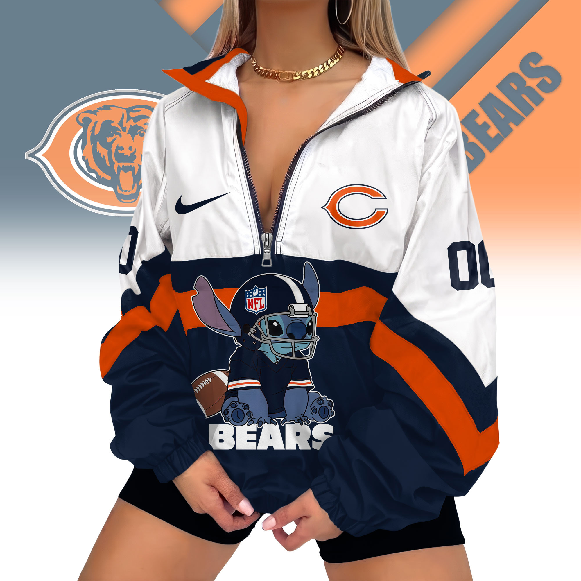 Chicago Bears | Premium NFL Cute Team Windbreaker V-Neck Zipper Sweatshirt Jackets NTH1