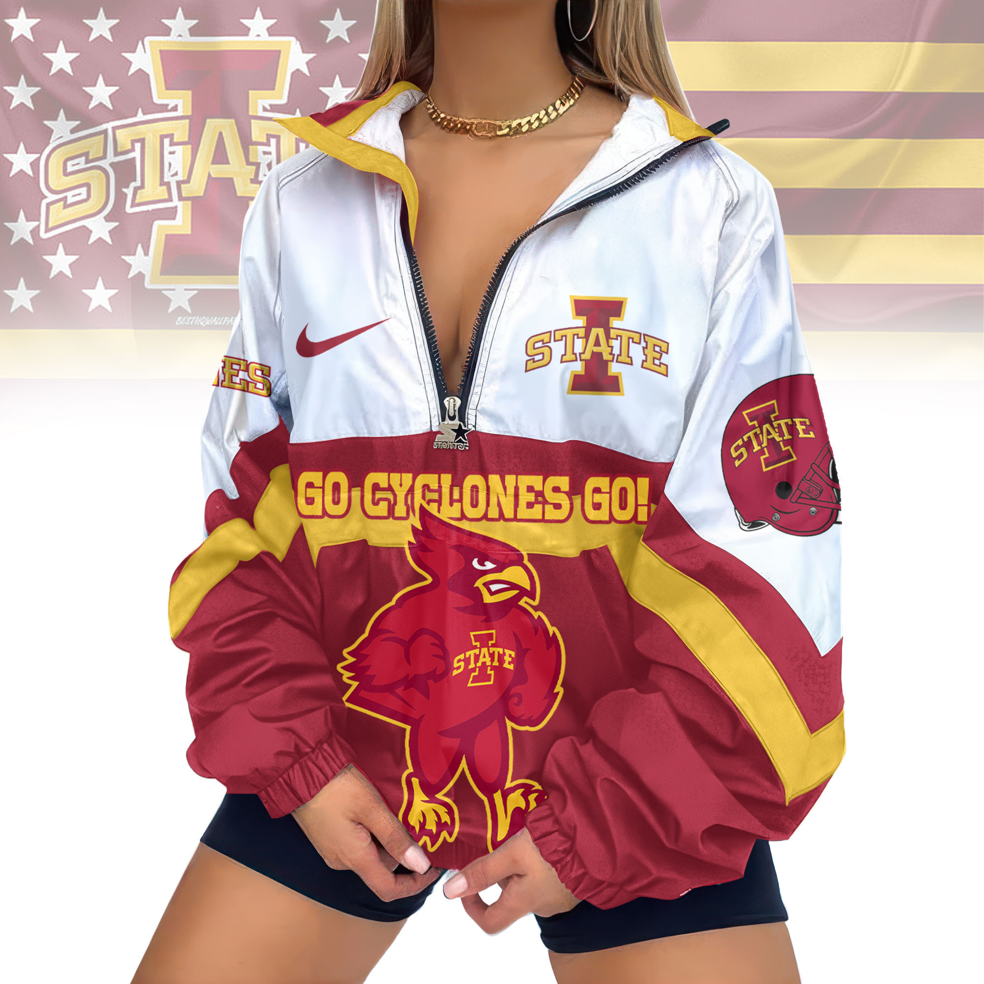 Iowa State Cyclones | Premium Women's Printed V-Neck Zipper Sweatshirt Jackets TD