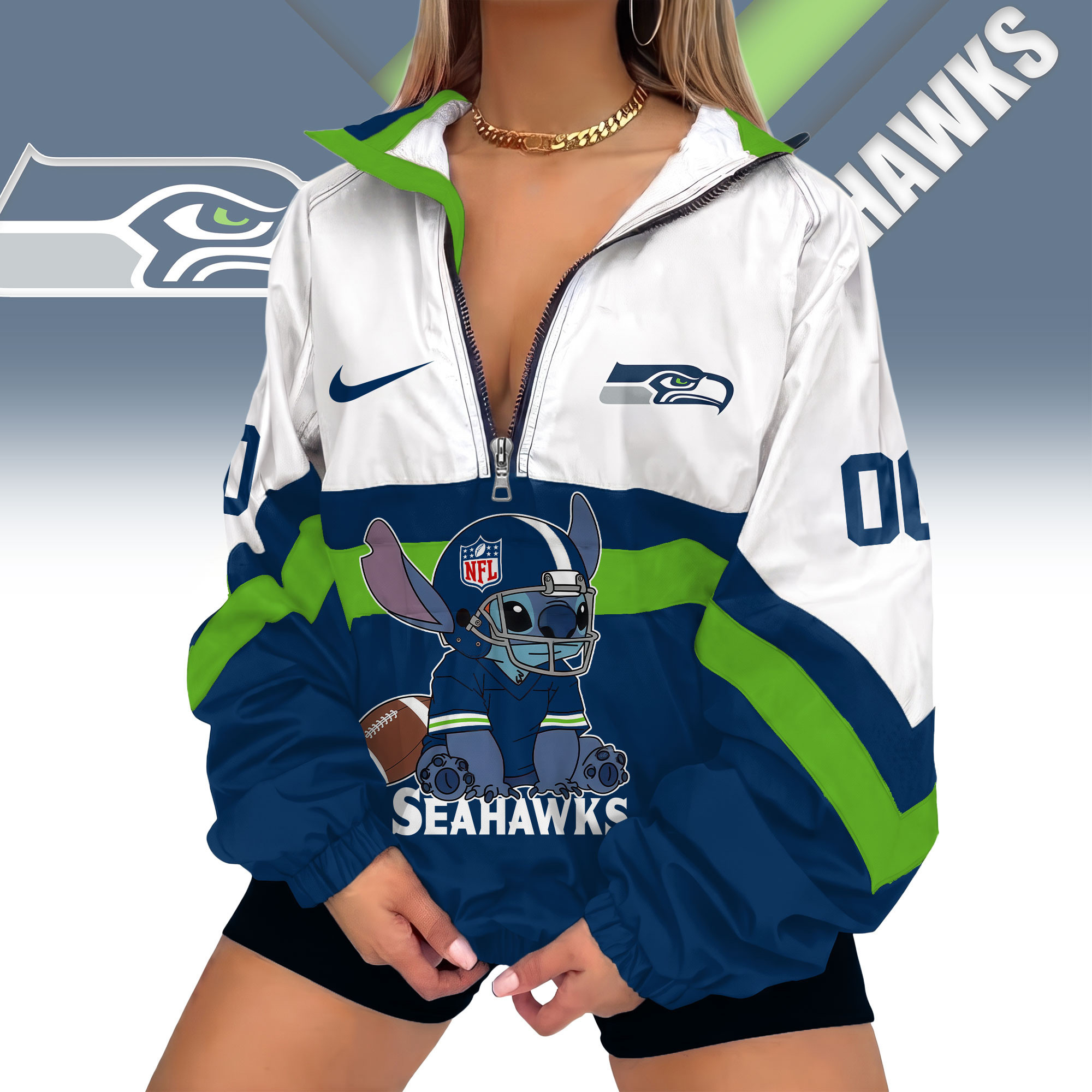 Seattle Seahawks | Premium NFL Cute Team Windbreaker V-Neck Zipper Sweatshirt Jackets NTH1