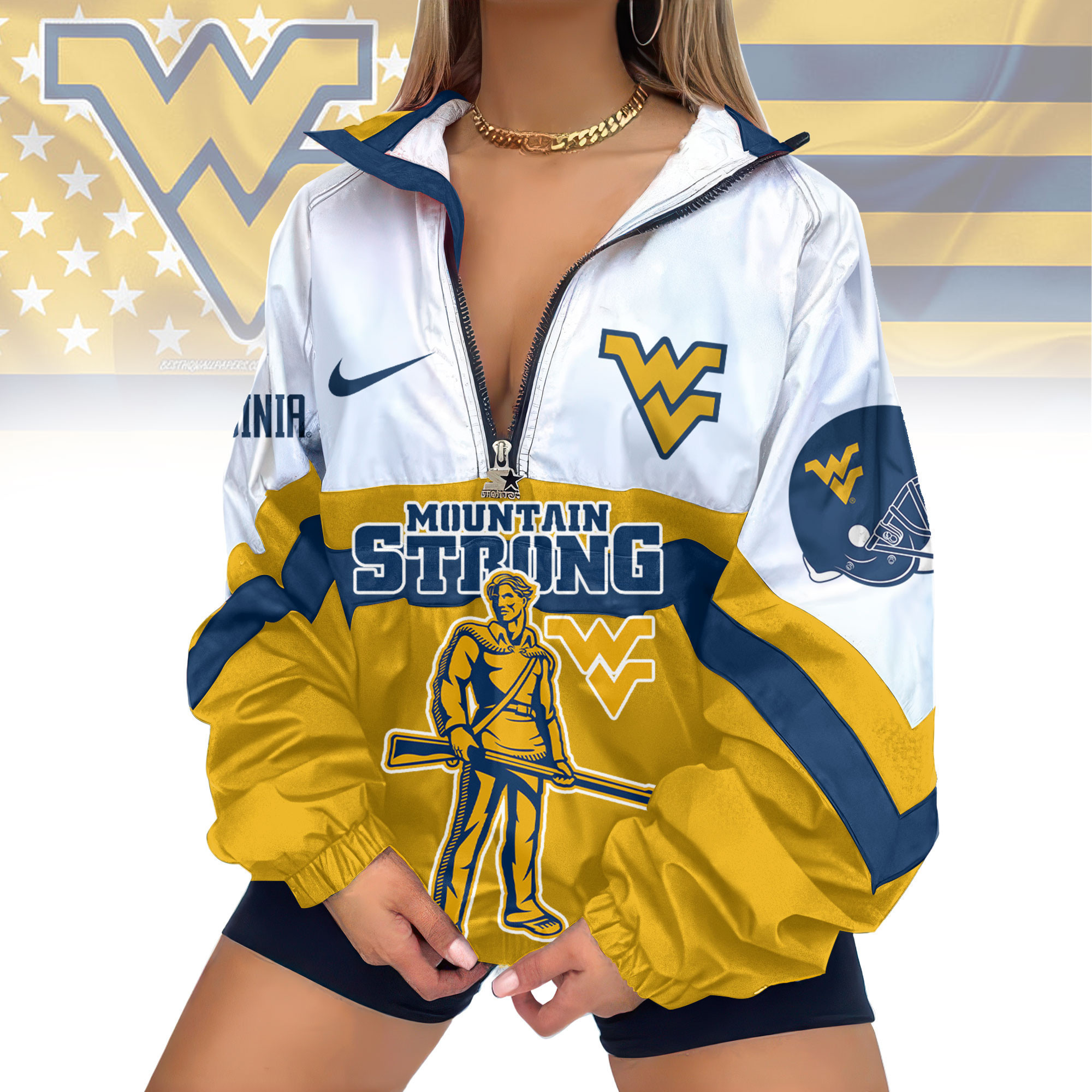 West Virginia Mountaineers | Premium Women's Printed V-Neck Zipper Sweatshirt Jackets TD