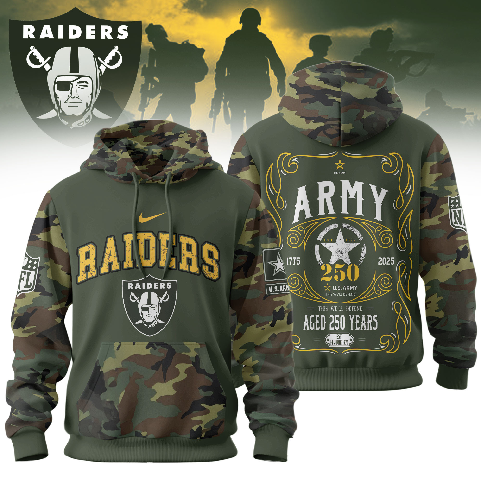 Las Vegas Raiders | Premium NFL US Army 250th anniversary 3D Hoodie TD