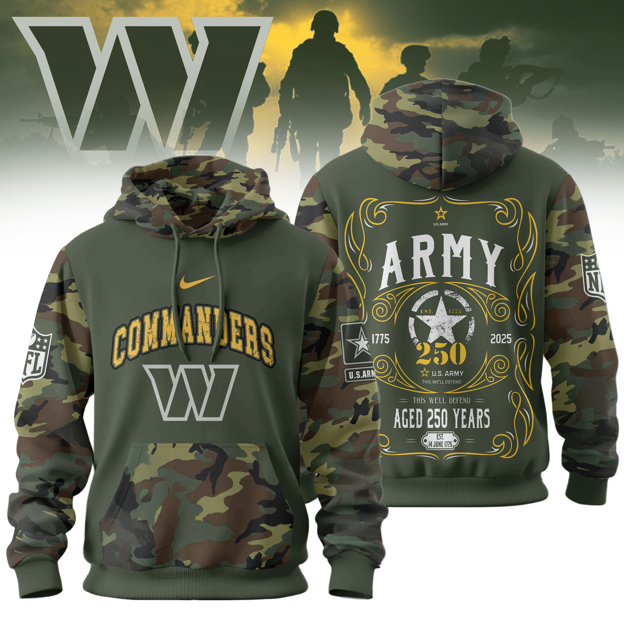 Washington Commanders | Premium NFL US Army 250th anniversary 3D Hoodie TD