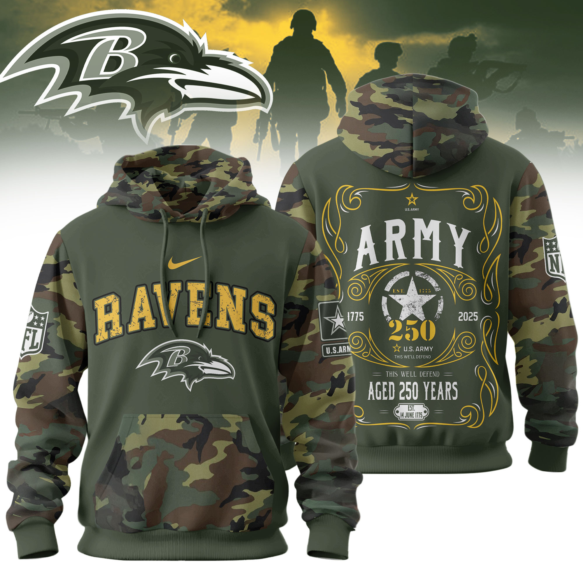 Baltimore Ravens | Premium NFL US Army 250th anniversary 3D Hoodie TD
