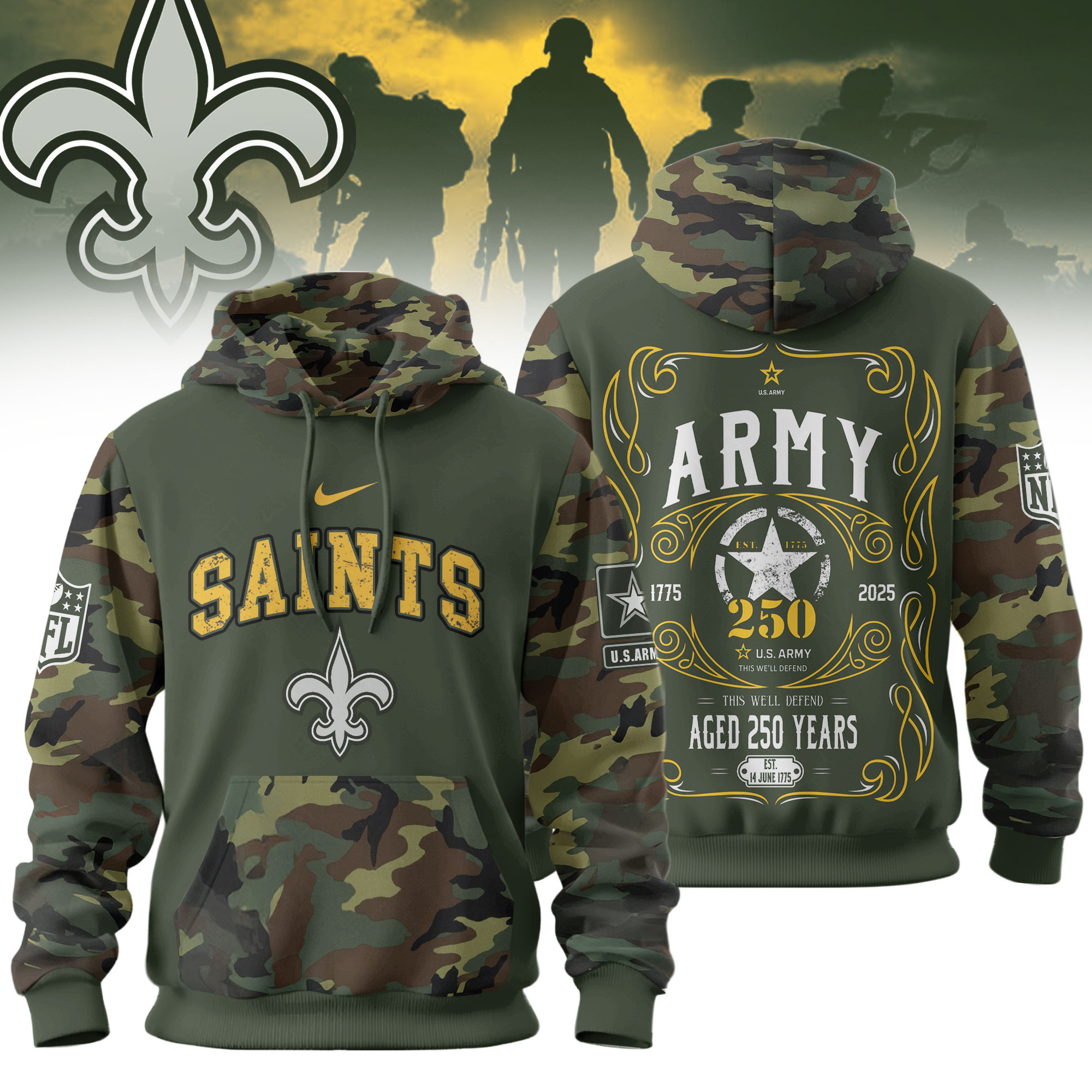 New Orleans Saints | Premium NFL US Army 250th anniversary 3D Hoodie TD