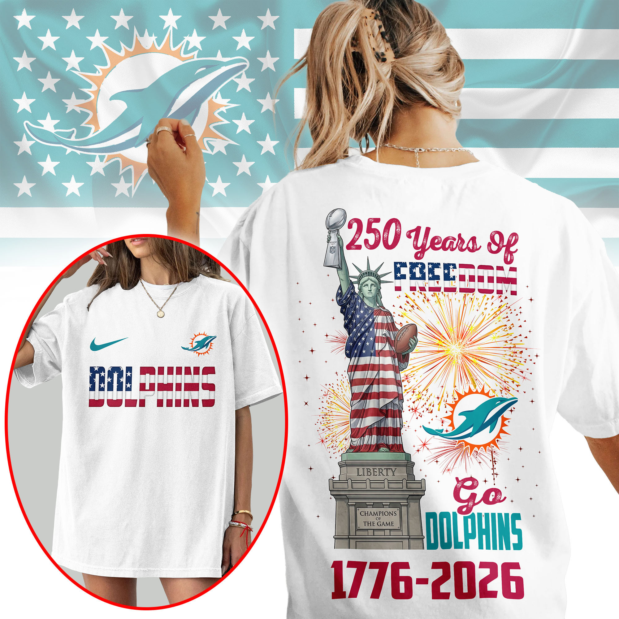 Miami Dolphins | Premium NFL Statue Of Liberty 250th Anniversary 3D Shirt NP