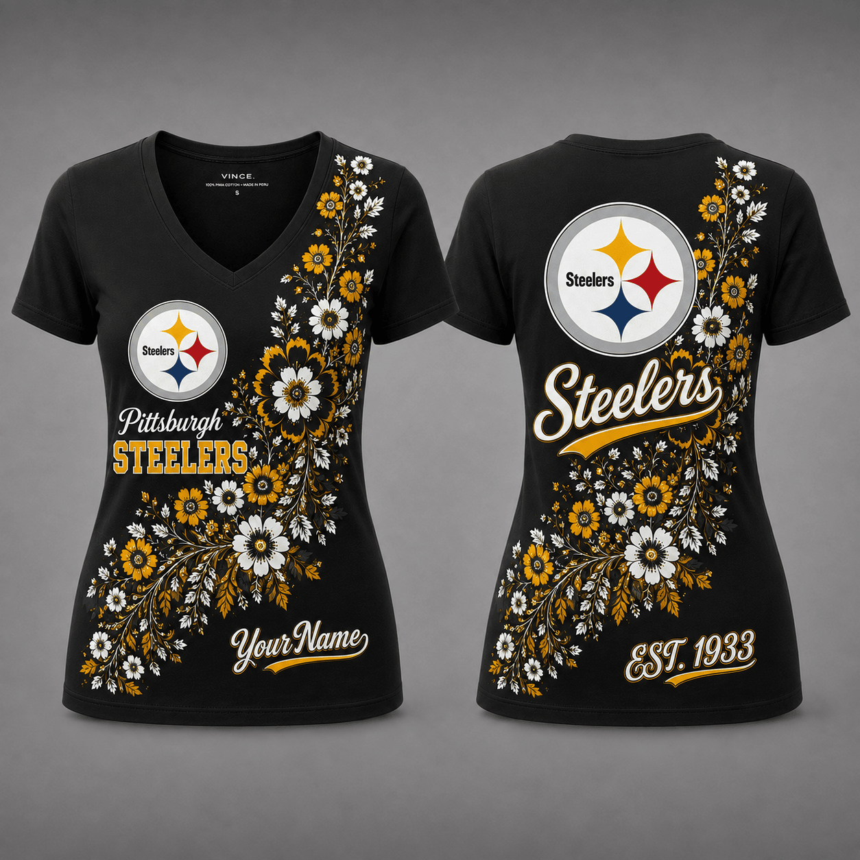 Pittsburgh Steelers| Premium NFL Personalized Floral Pride Women’s V-Neck Jersey NY
