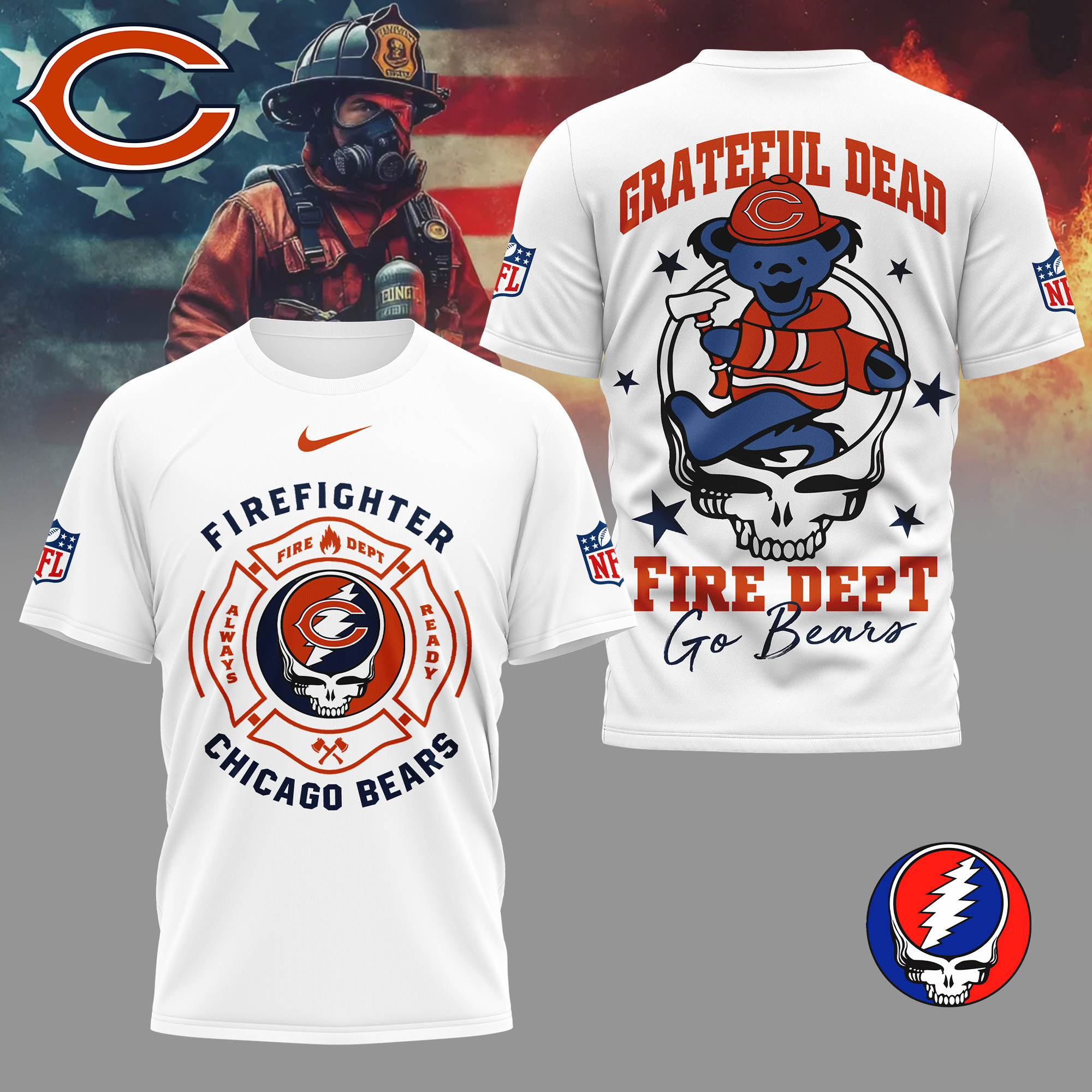 Chicago Bears | Premium NFL Grateful Dead Firefighter 3D Shirt NY