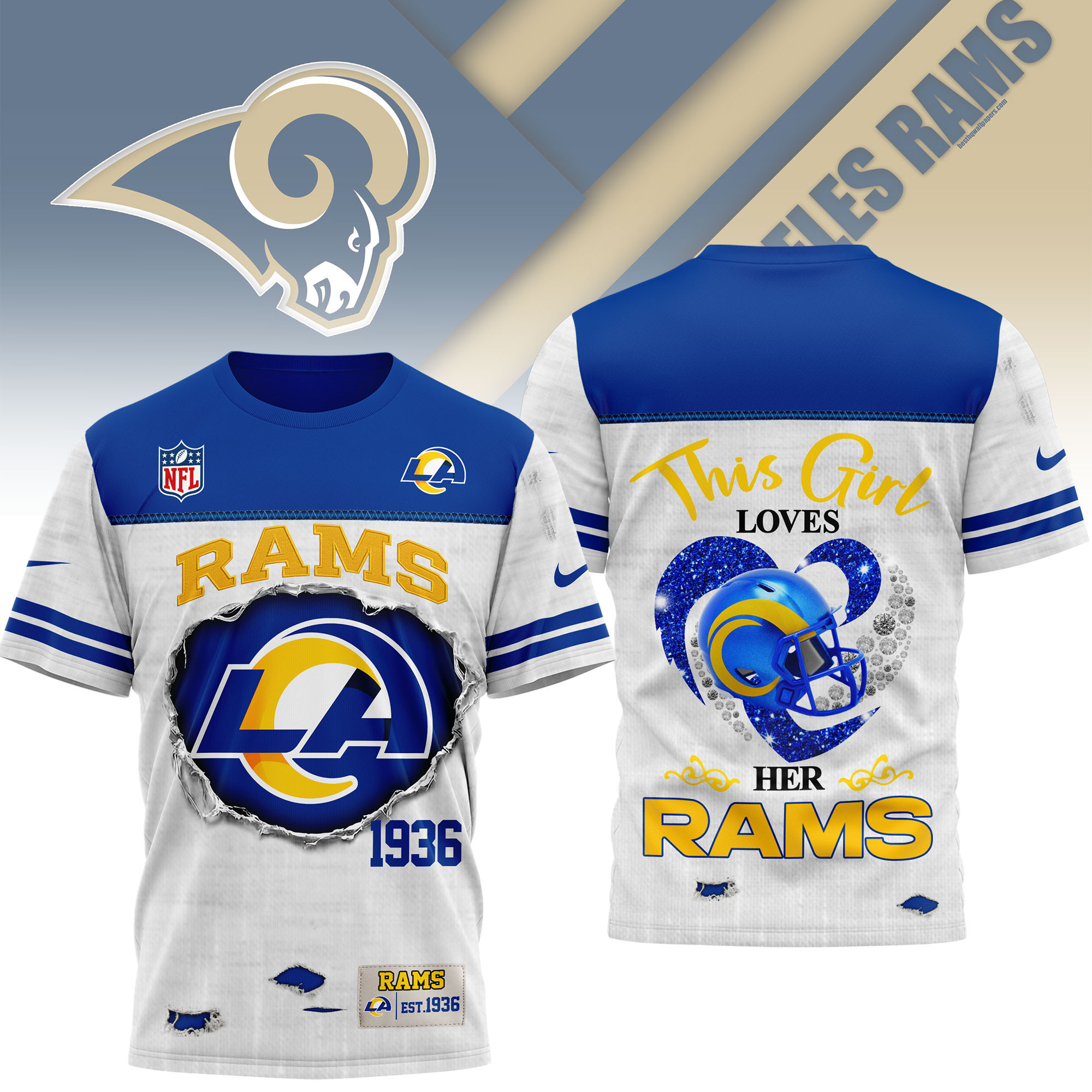 Los Angeles Rams | Premium NFL Girl Heart & Helmet 3D Shirt NTH1