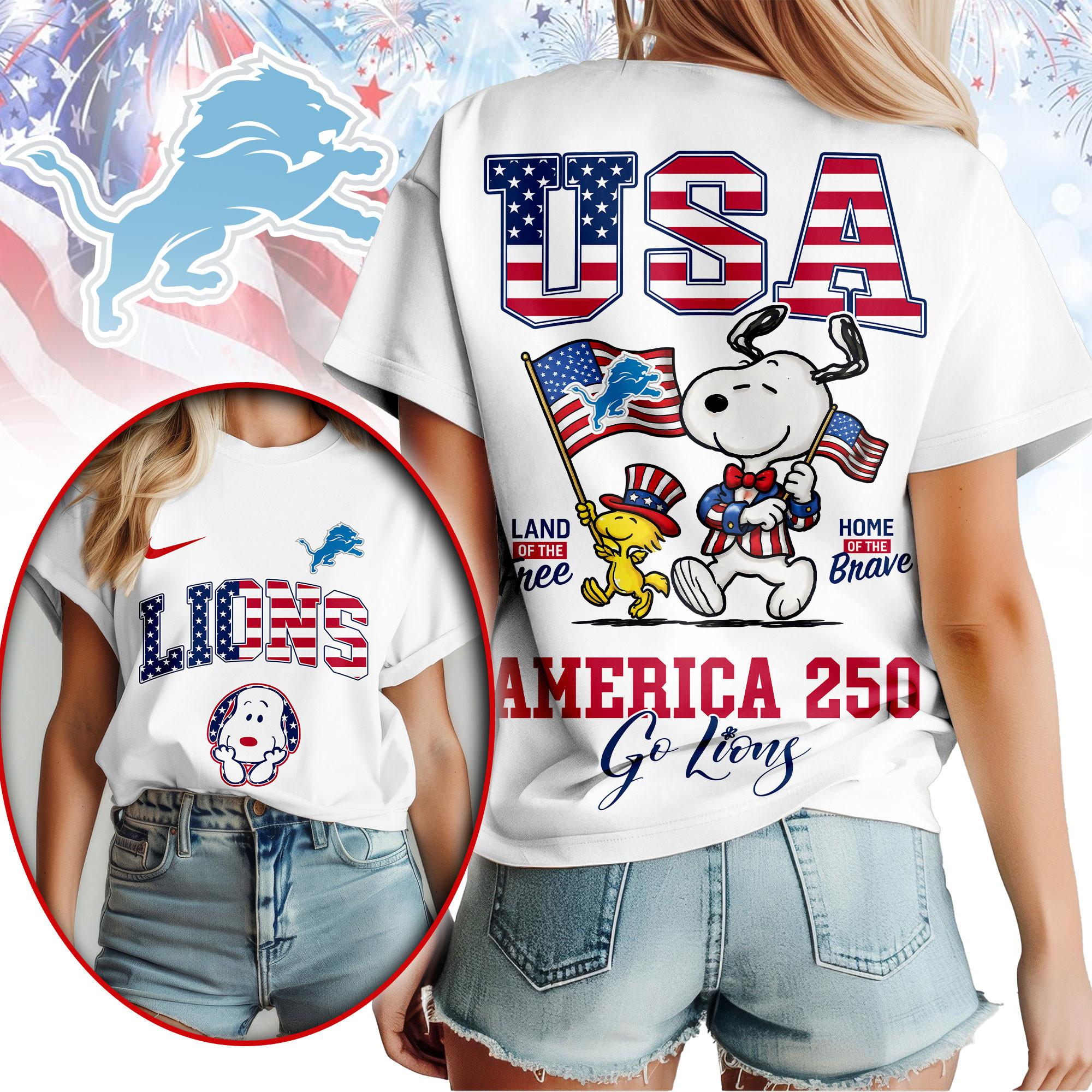 Detroit Lions | Premium NFL Snoopy America 250 3D Shirt NY