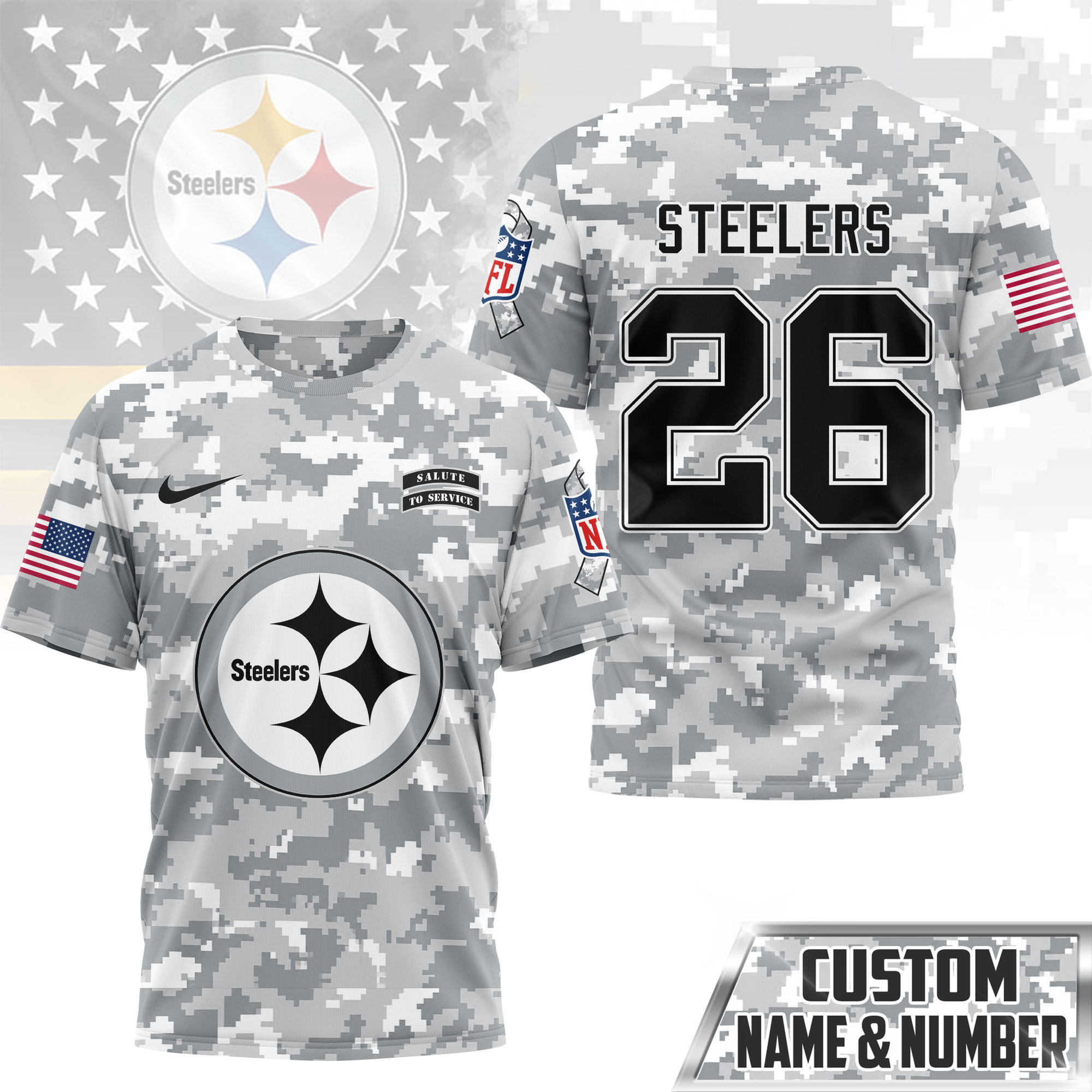 Pittsburgh Steelers | Premium NFL Salute to Service Custom Name & Number Camo 3D Shirt NY