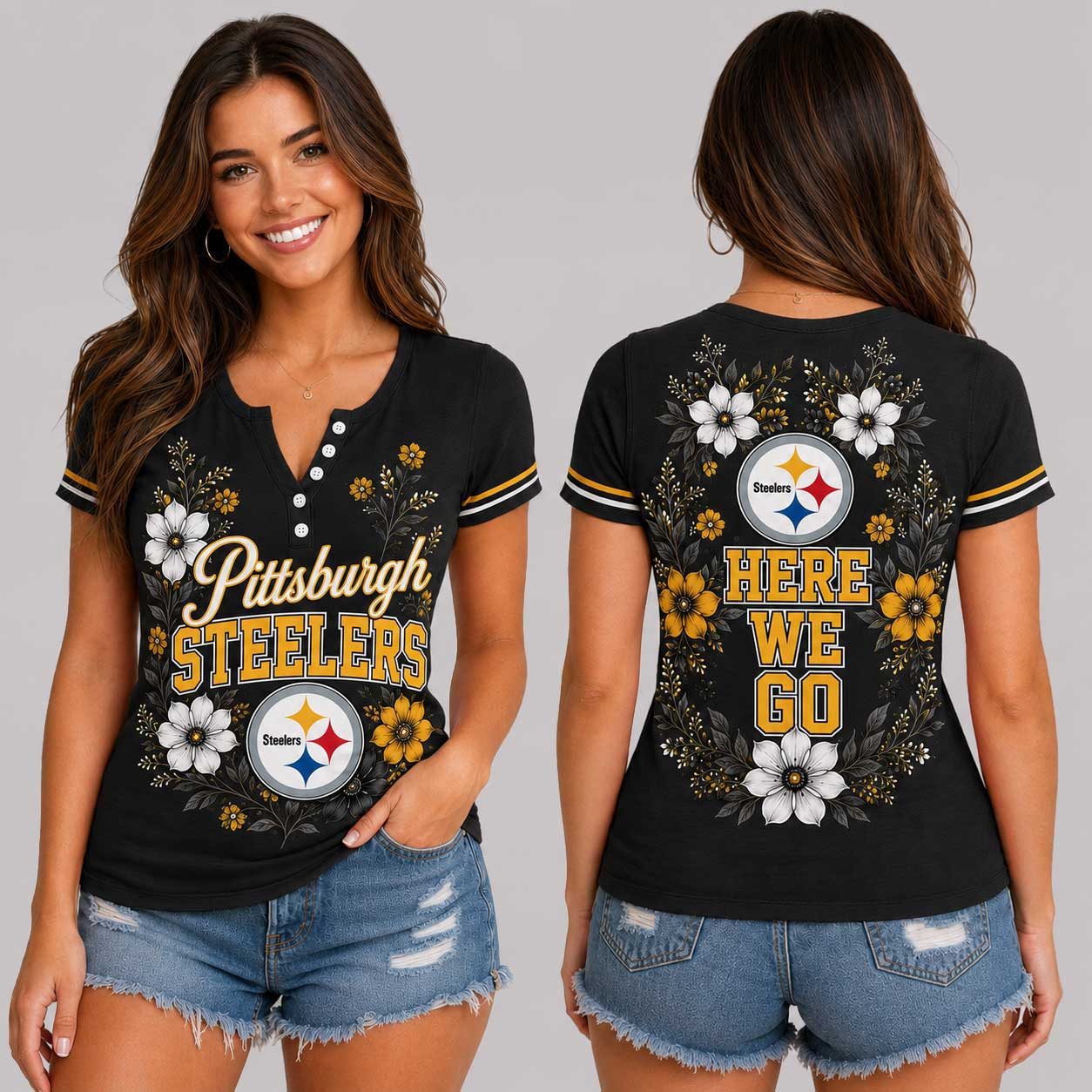 Pittsburgh Steelers | Premium NFL Team Pride Elegant Game Day Women’s Button V-Neck Shirt TD