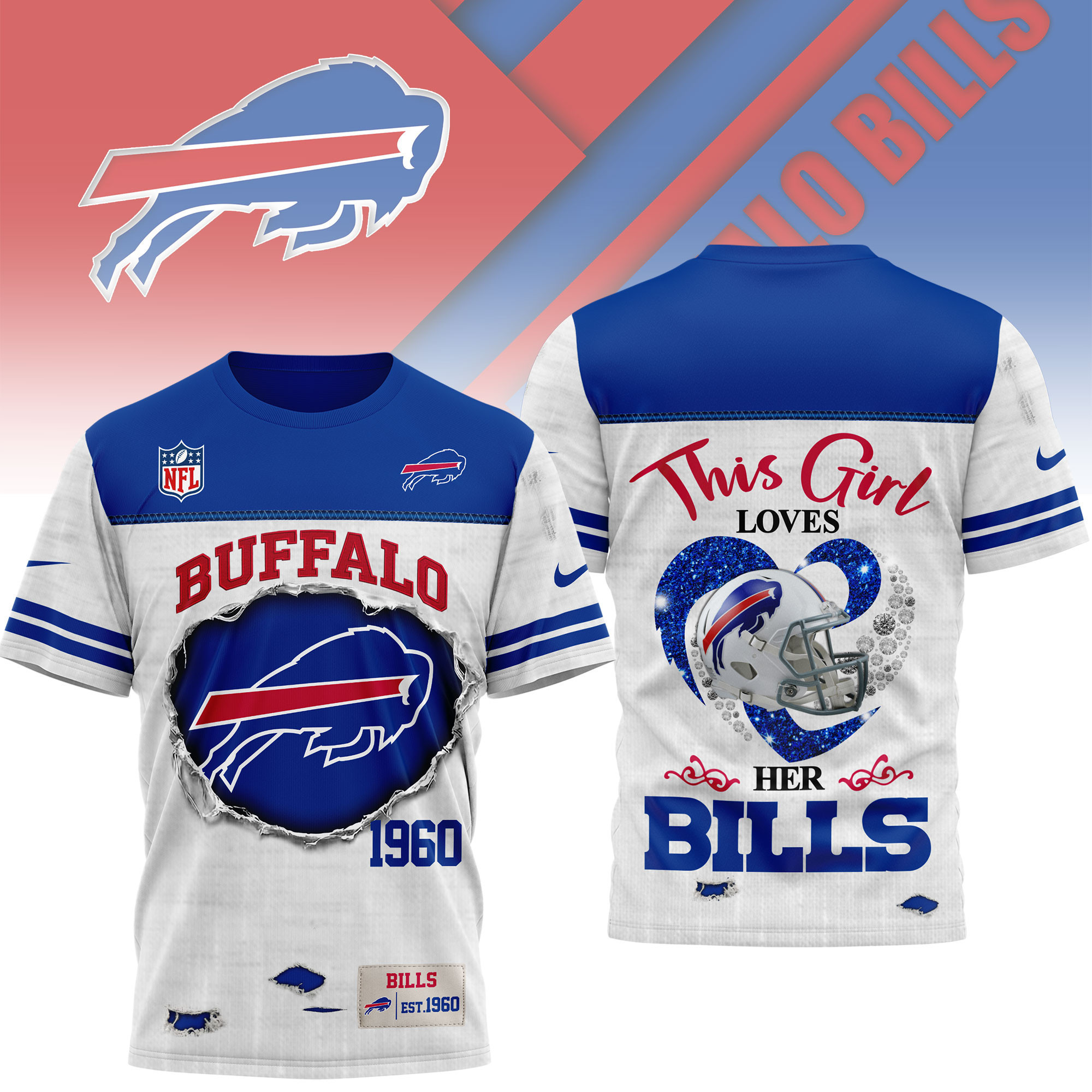 Buffalo Bills | Premium NFL Girl Heart & Helmet 3D Shirt NTH1