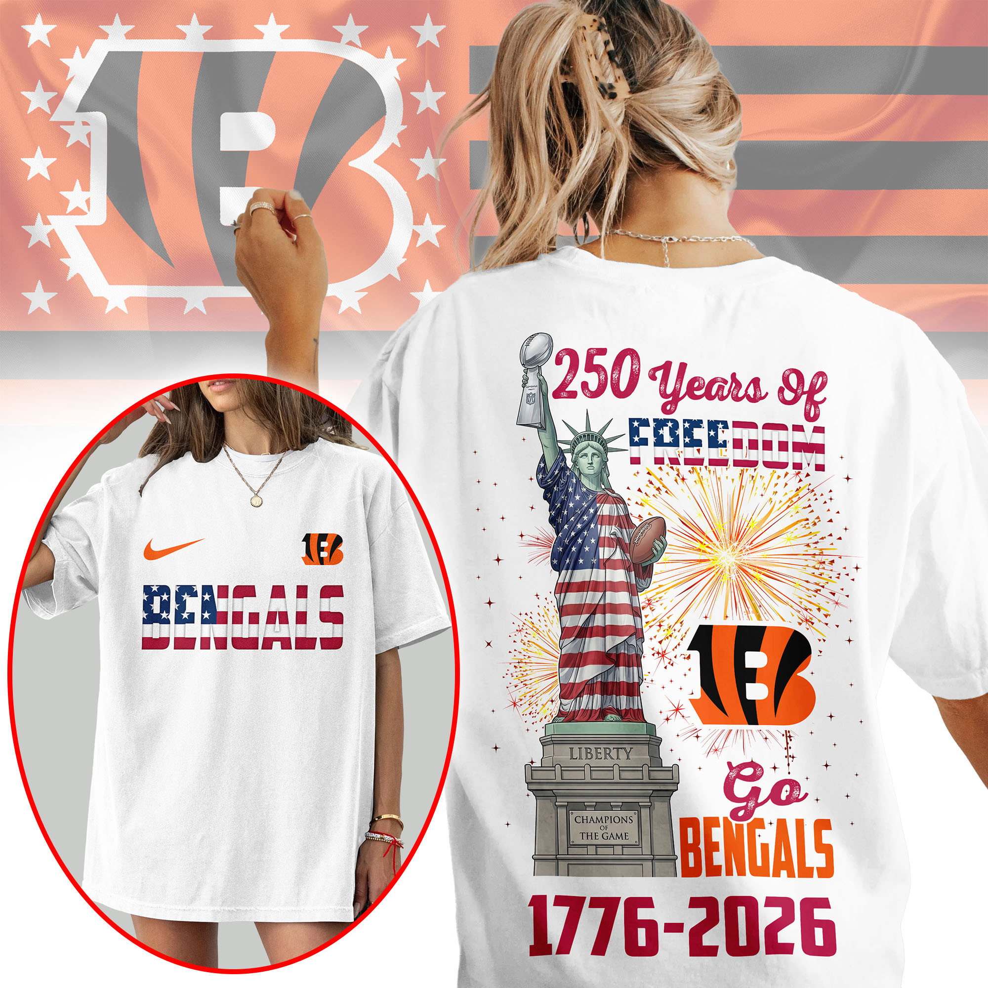 Cincinnati Bengals | Premium NFL Statue Of Liberty 250th Anniversary 3D Shirt NP