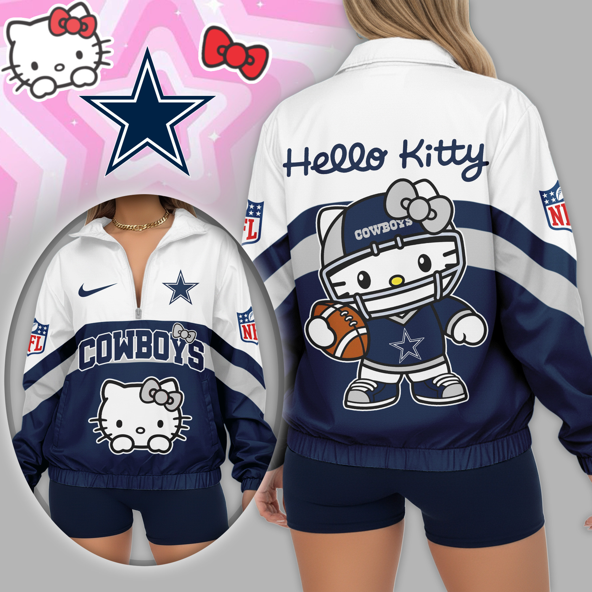 Dallas Cowboys | Premium NFL Hello Kitty V-neck Zipper TD