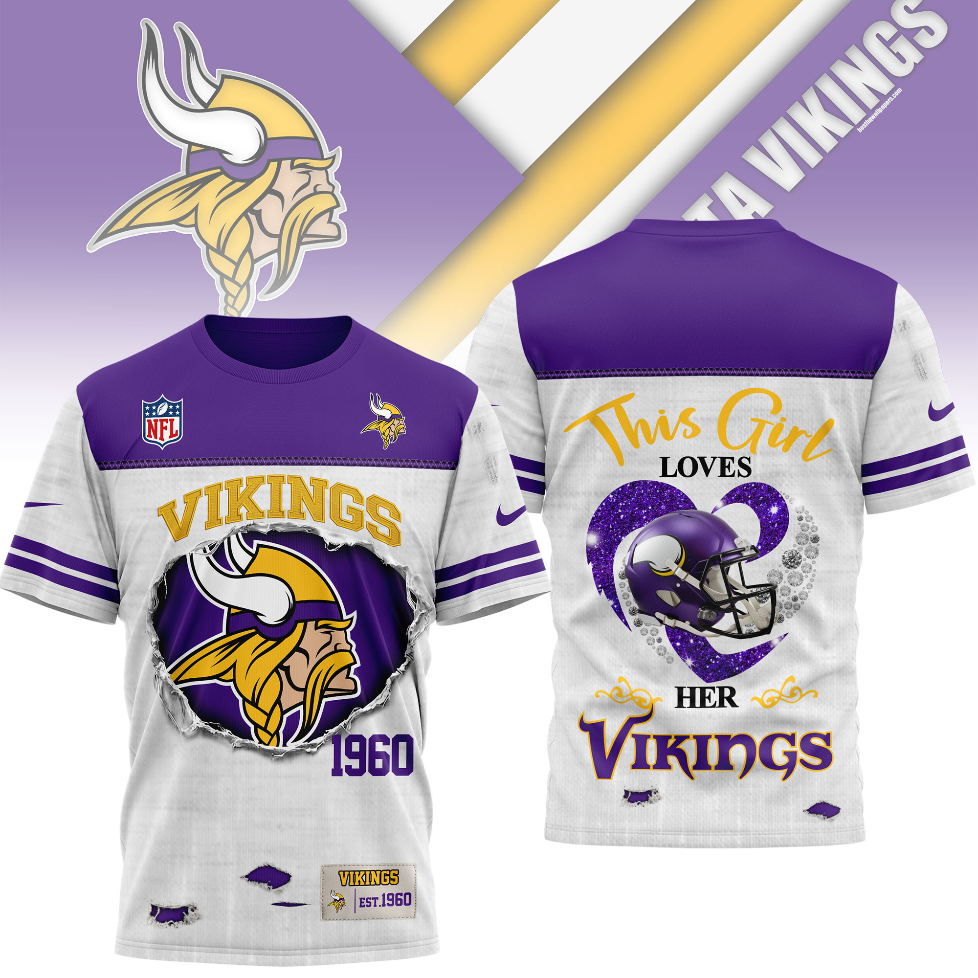 Minnesota Vikings | Premium NFL Girl Heart & Helmet 3D Shirt NTH1
