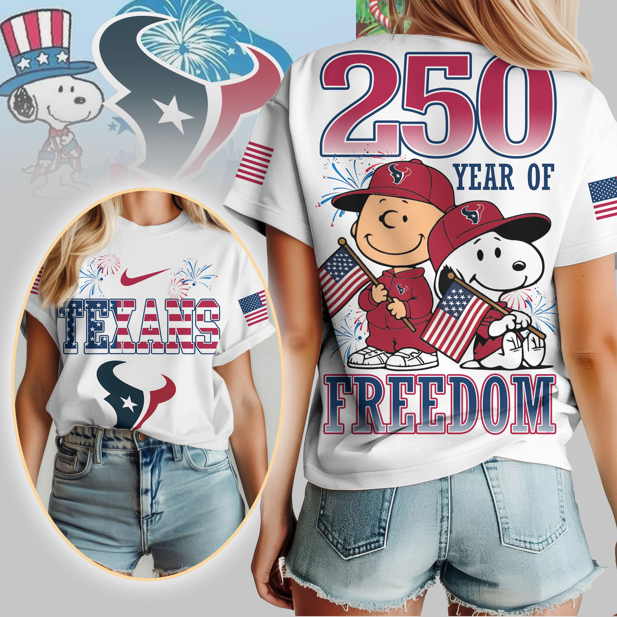Houston Texans | Premium NFL Peanuts 250 Years Of Freedom 3D Shirt NP