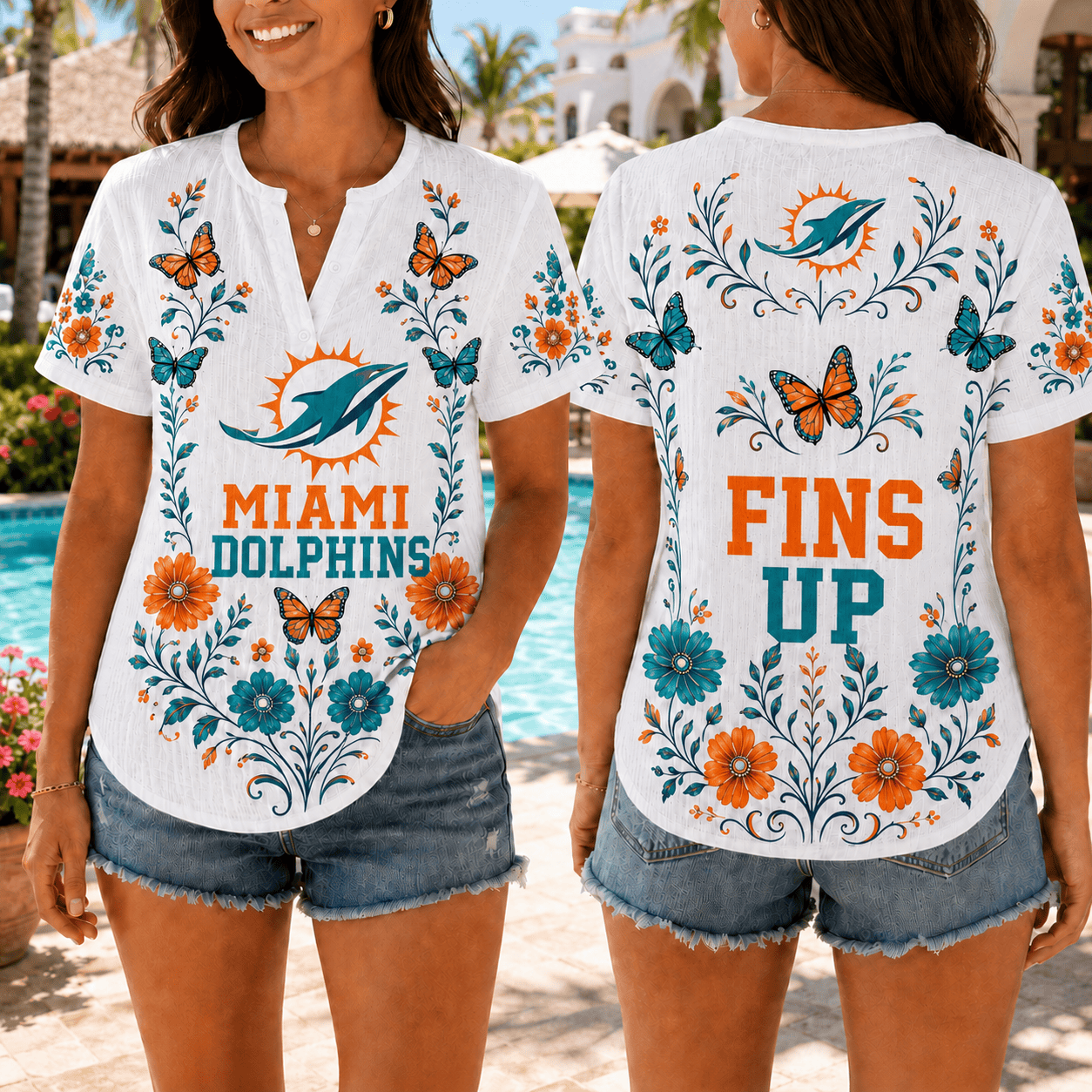Miami Dolphins | Premium NFL Butterfly Game Day Women’s Summer Linen Shirt TD