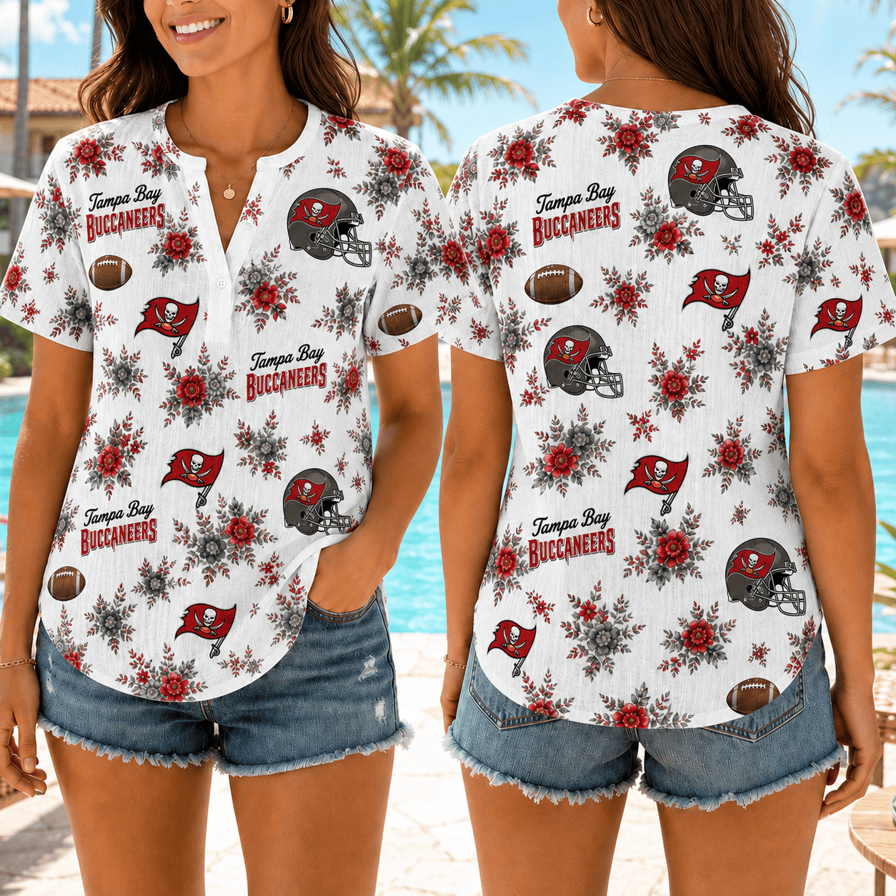 Tampa Bay Buccaneers | Premium NFL Floral Football Women’s Summer Linen Shirt TD