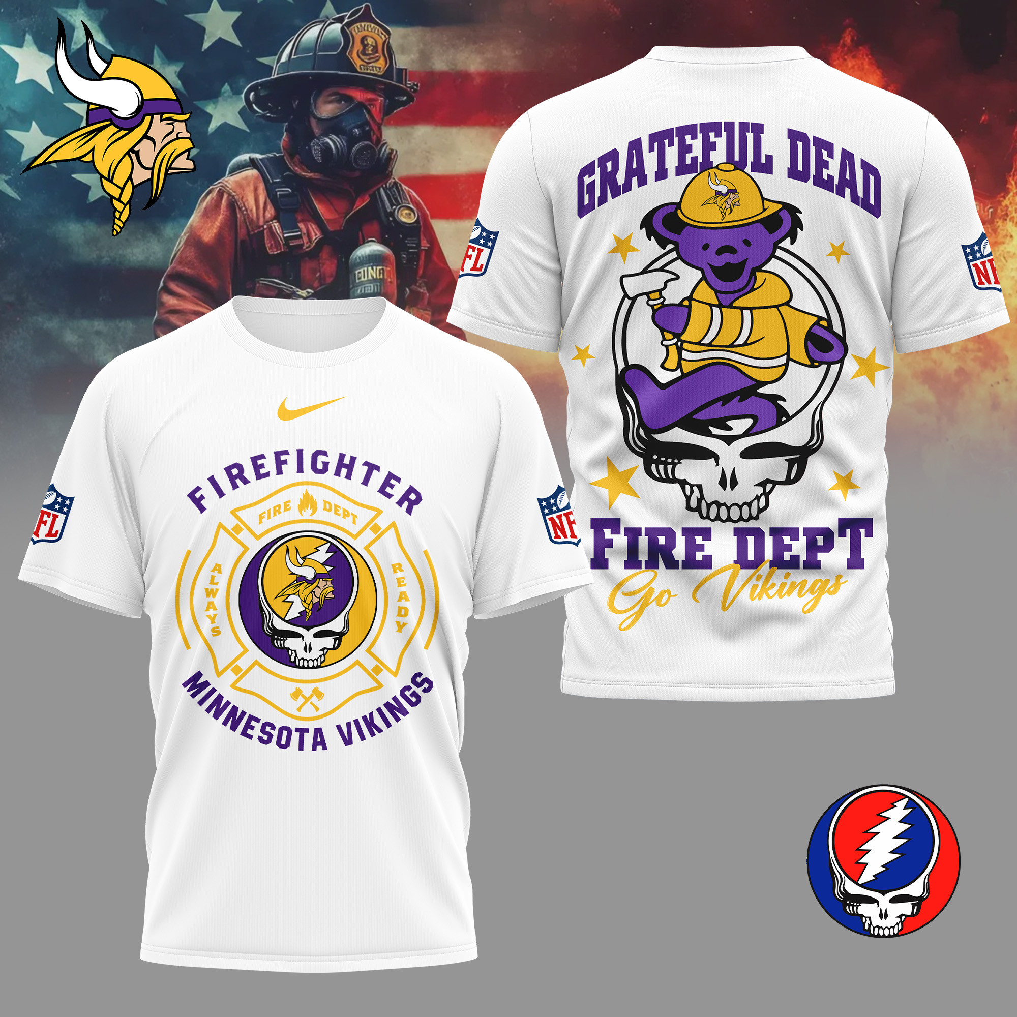 Minnesota Vikings | Premium NFL Grateful Dead Firefighter 3D Shirt NY