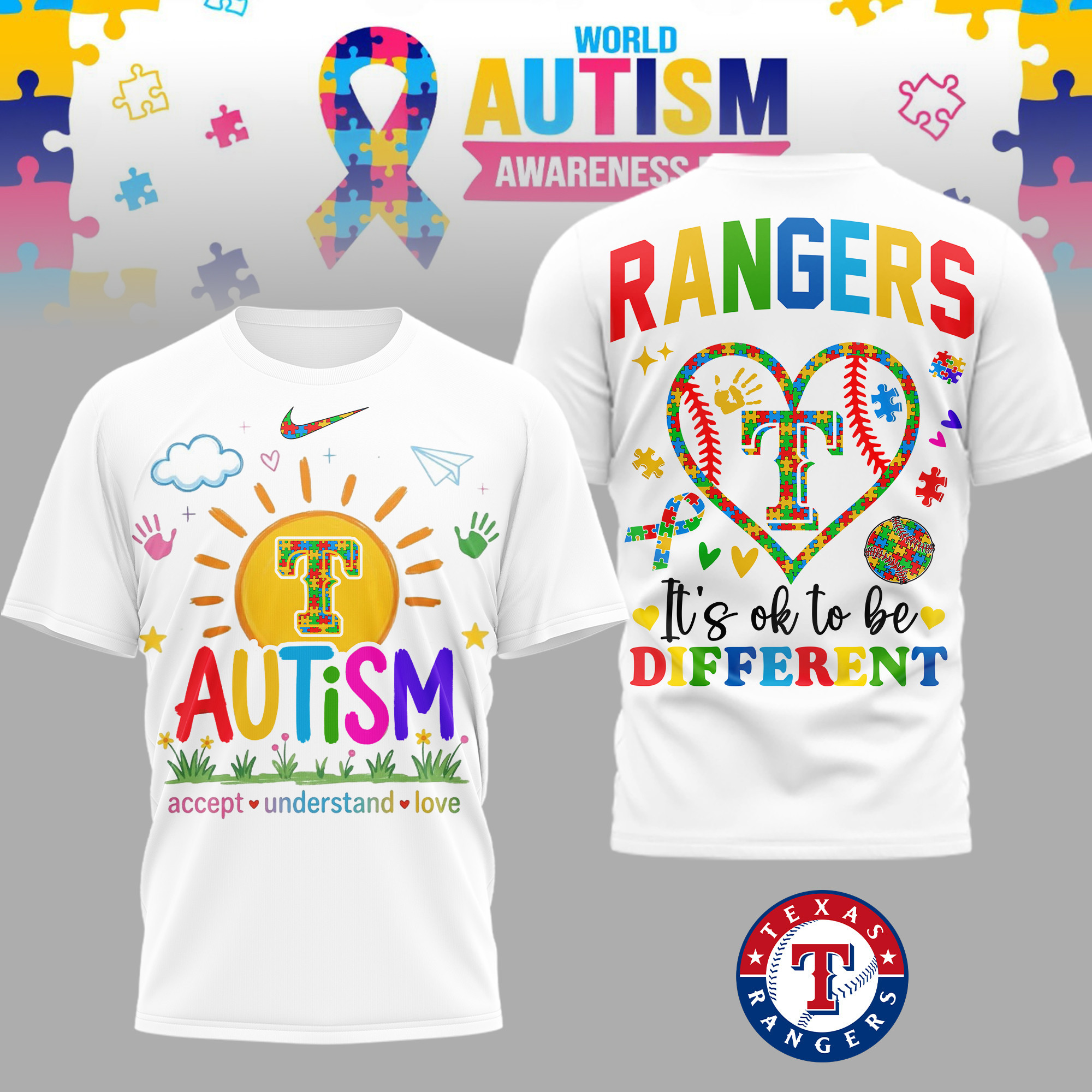 Texas Rangers | Premium MLB Autism Acceptance 3D Shirt TD