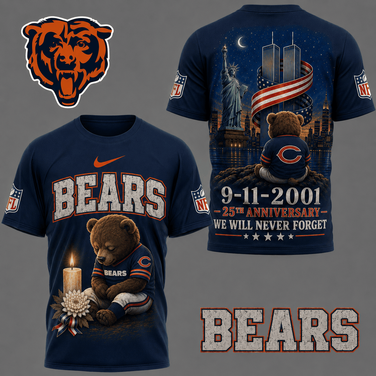 Chicago Bears| Premium NFL 9/11 25th Anniversary Never Forget Memorial 3D Shirt NY