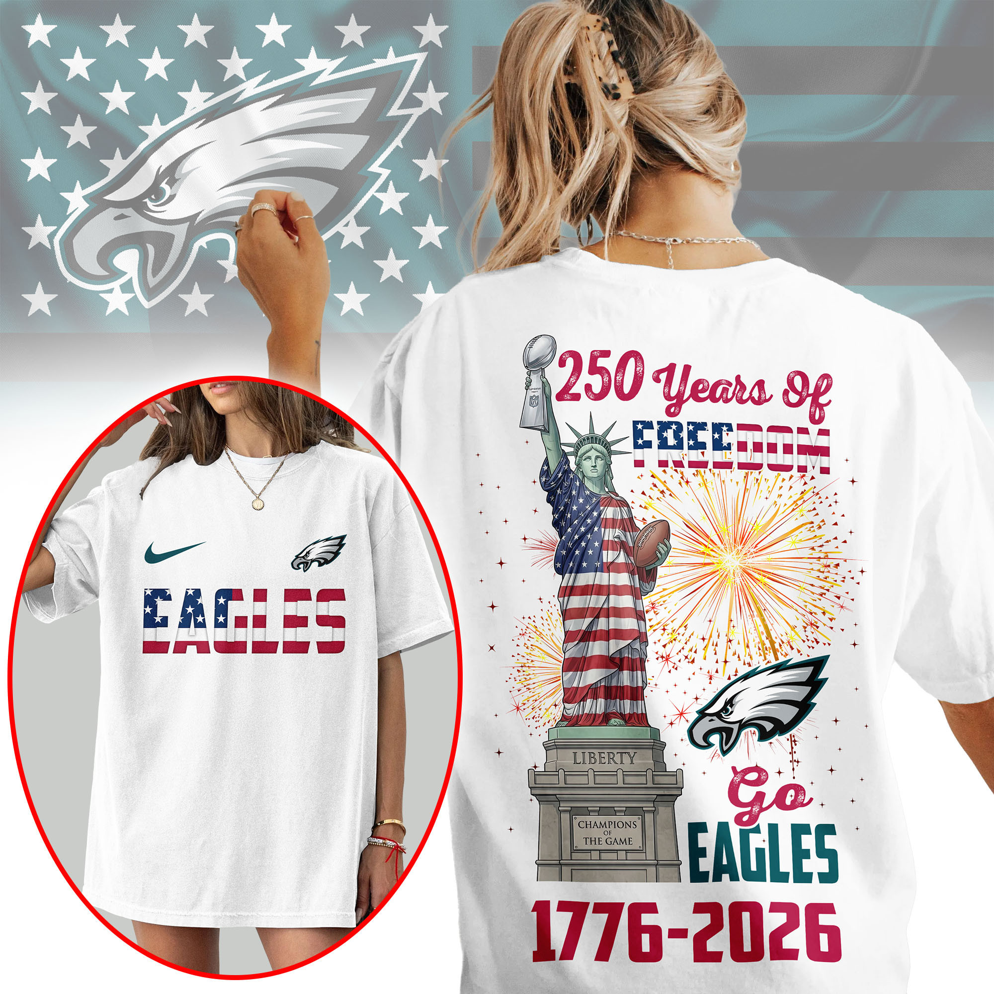 Philadelphia Eagles | Premium NFL Statue Of Liberty 250th Anniversary 3D Shirt NP