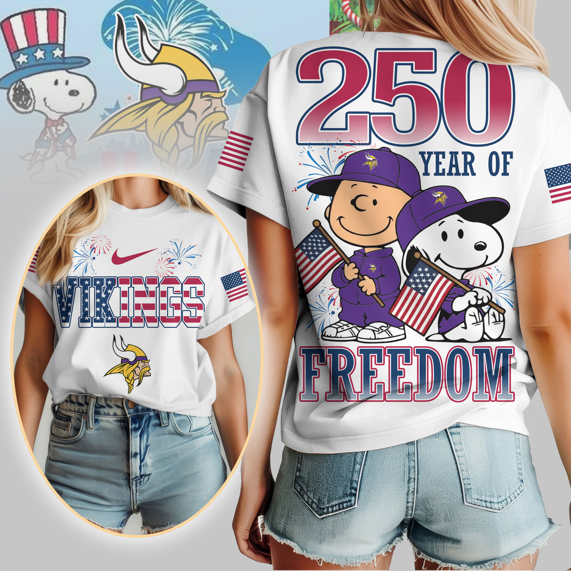 Minnesota Vikings | Premium NFL Peanuts 250 Years Of Freedom 3D Shirt NP