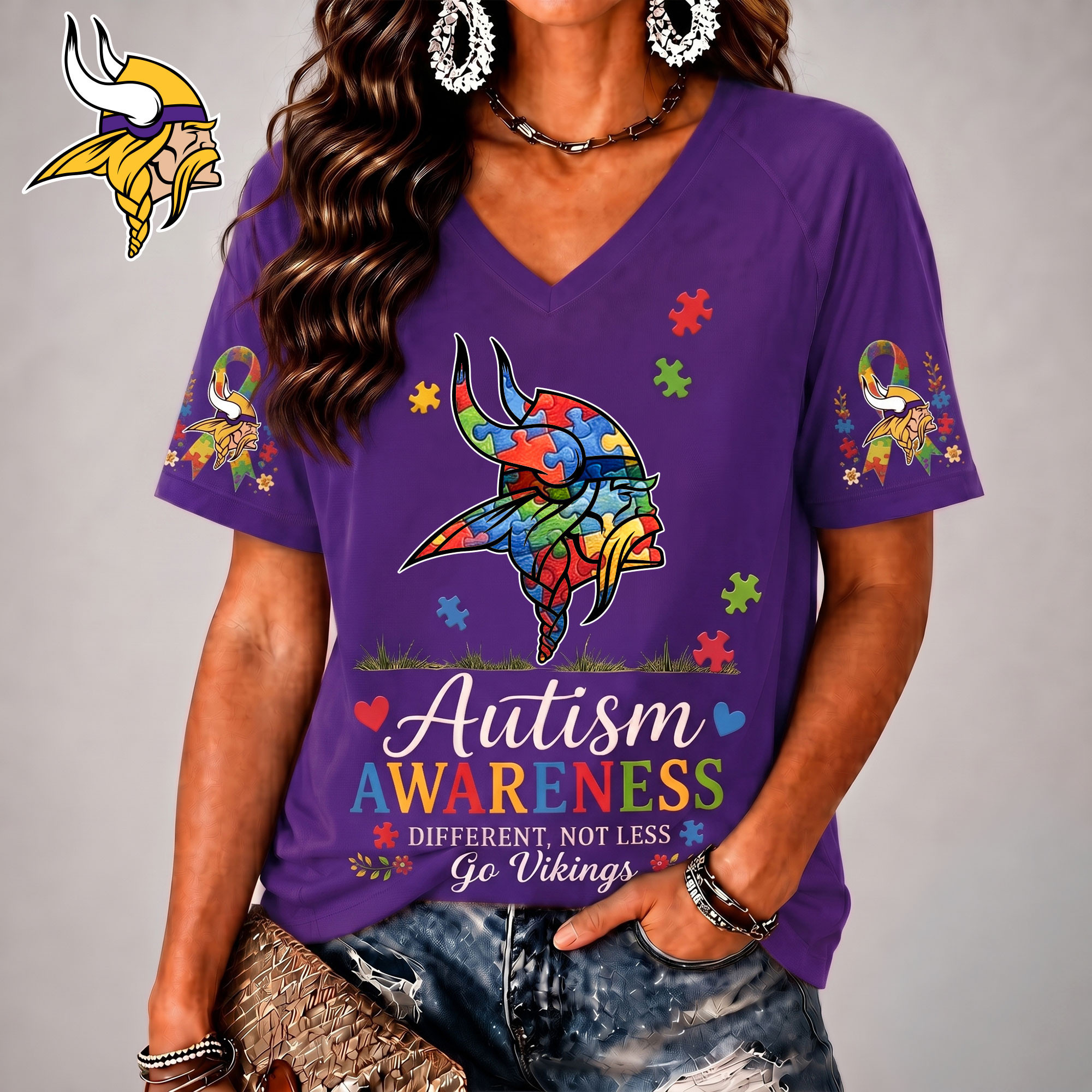 Minnesota Vikings| Premium NFL Different, Not Less Autism Awareness V-neck Shirt NY