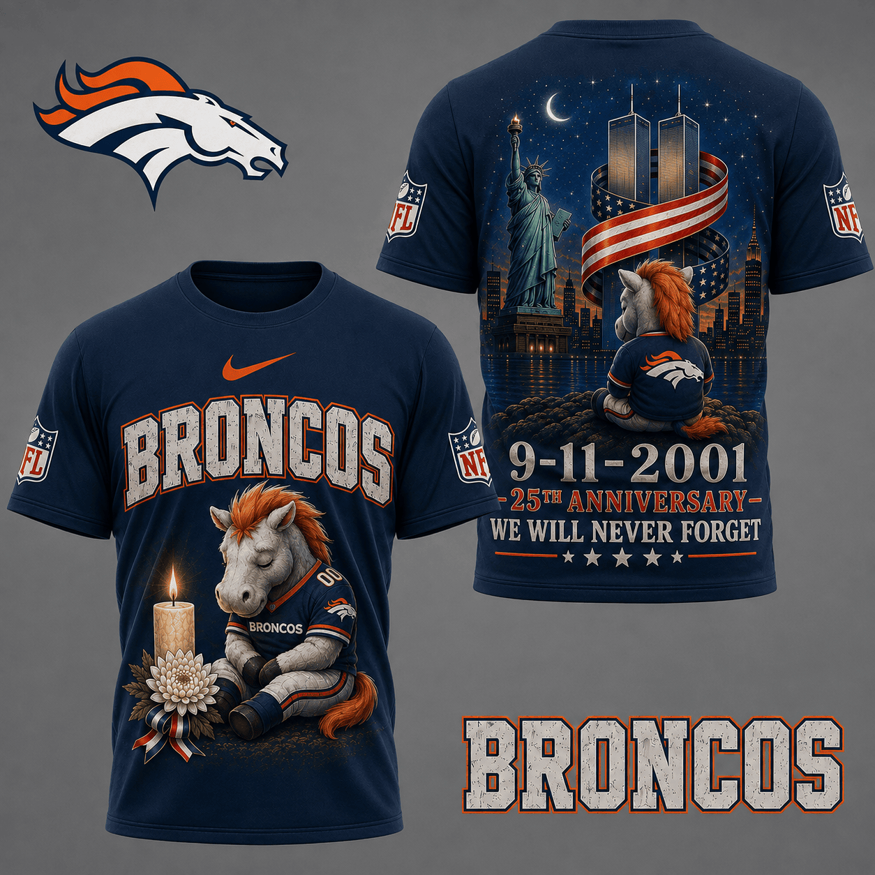 Denver Broncos| Premium NFL 9/11 25th Anniversary Never Forget Memorial 3D Shirt NY