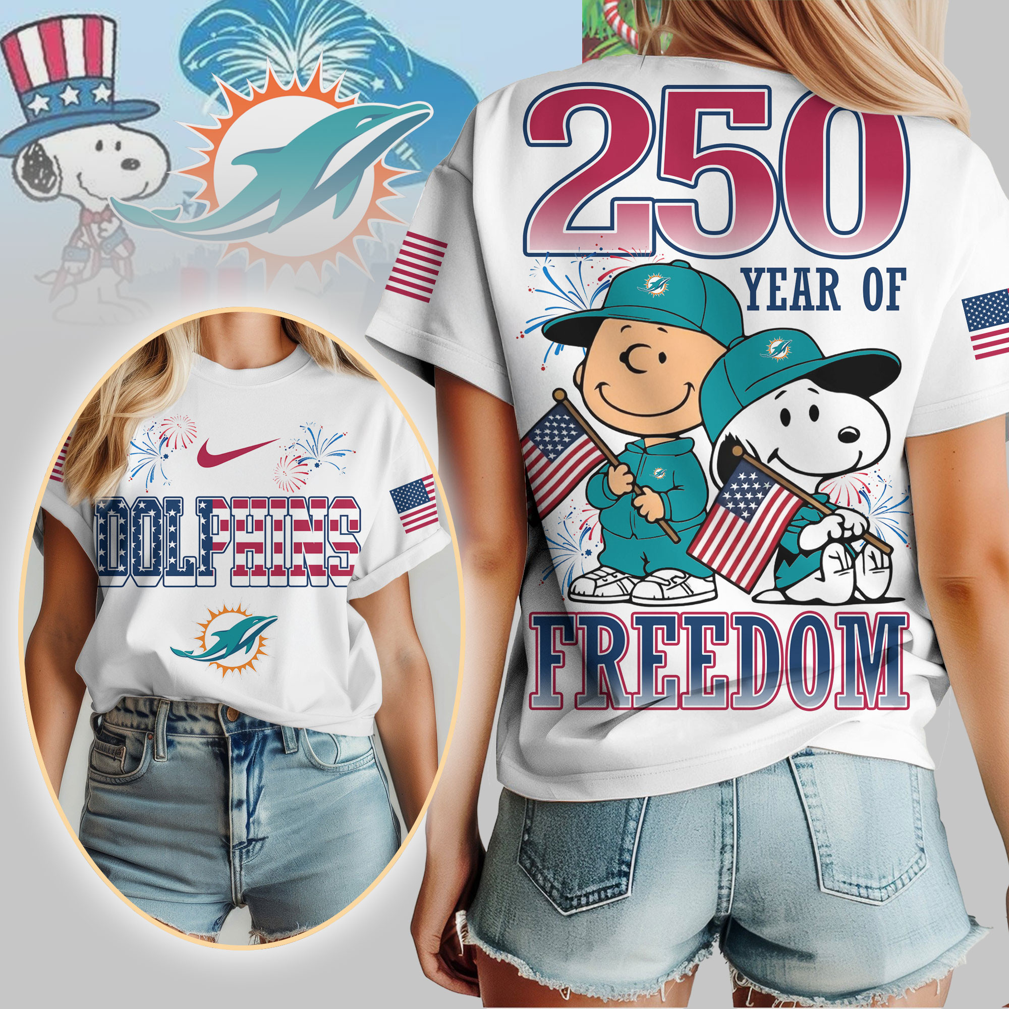 Miami Dolphins | Premium NFL Peanuts 250 Years Of Freedom 3D Shirt NP