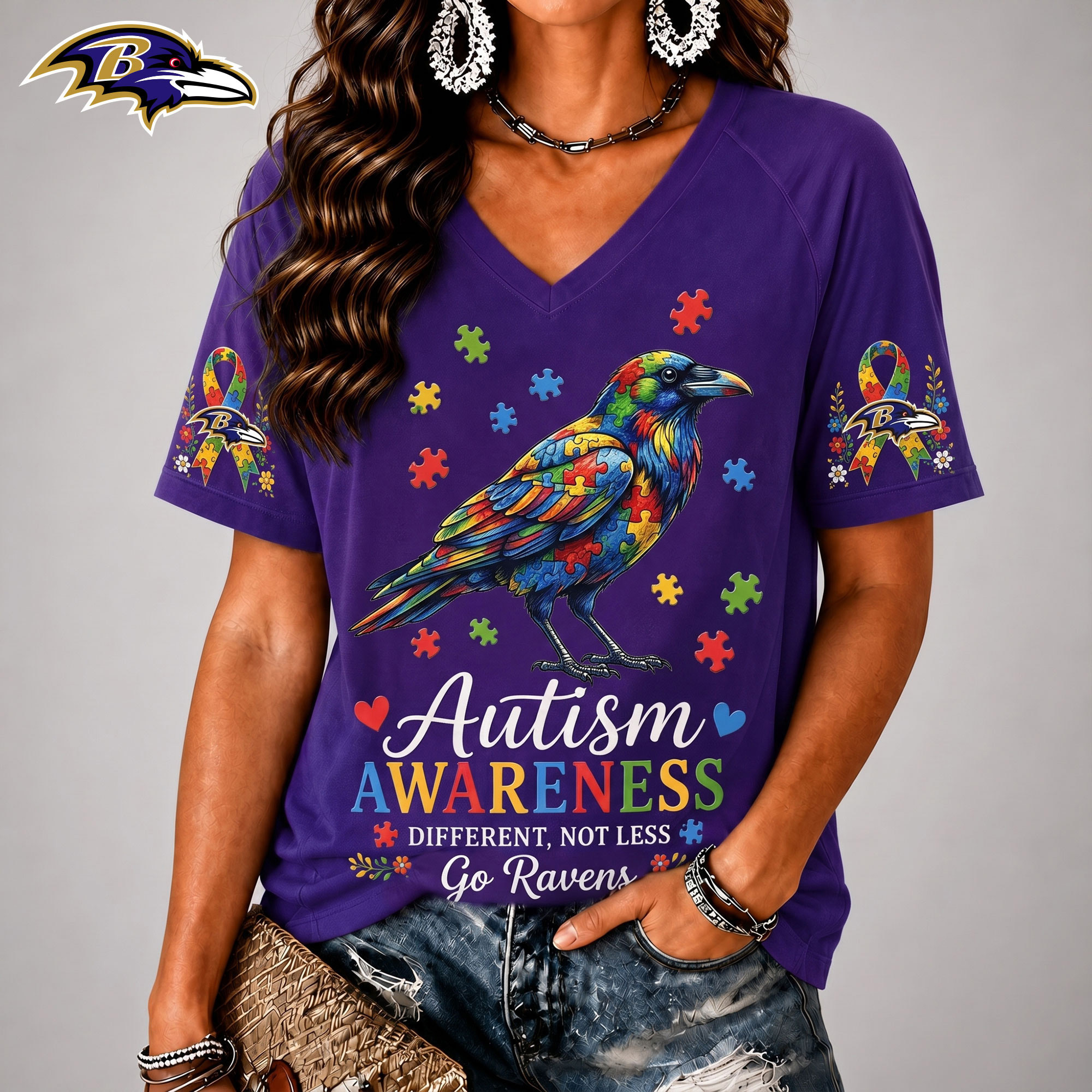 Baltimore Ravens| Premium NFL Different, Not Less Autism Awareness V-neck Shirt NY