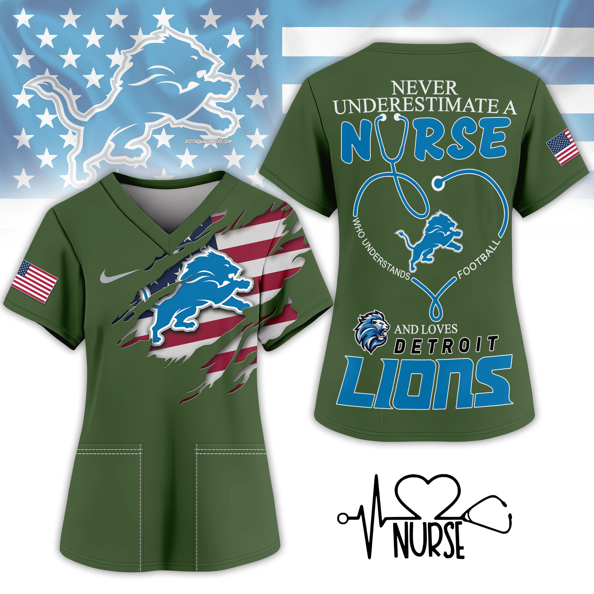 Detroit Lions | Premium NFL Army Nurse 3D Shirt NY