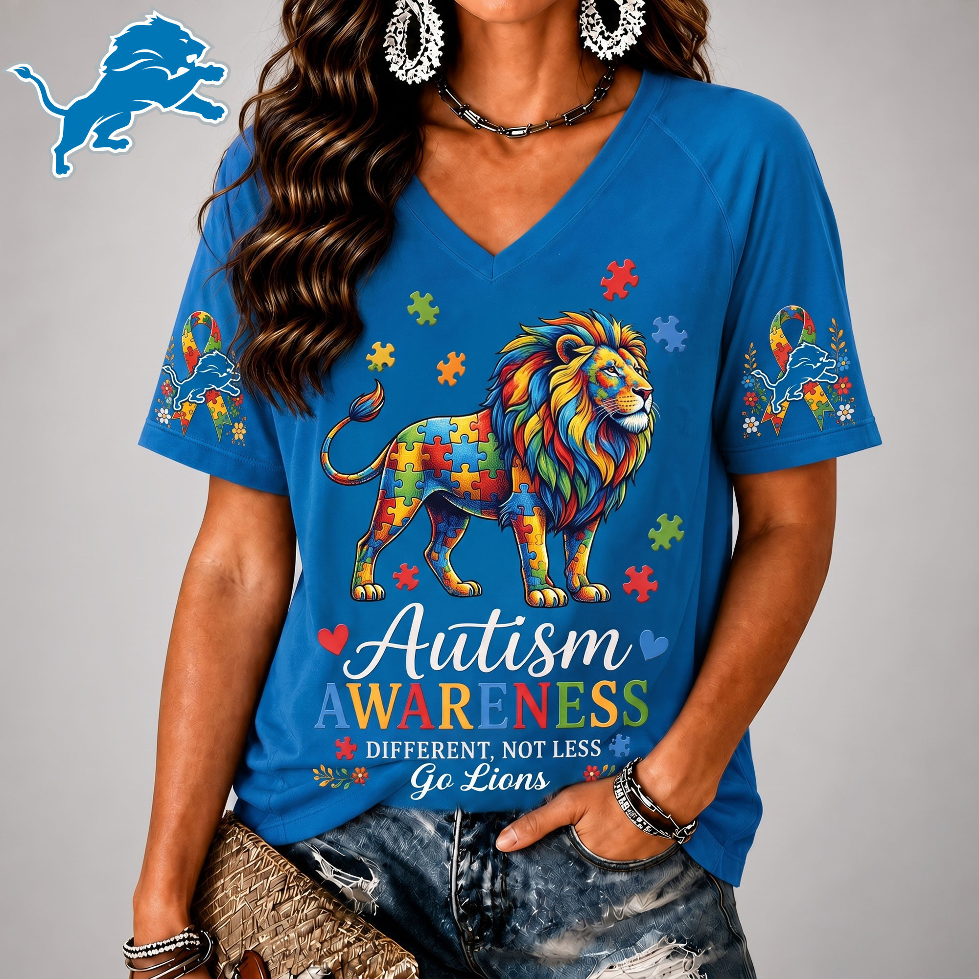 Detroit Lions| Premium NFL Different, Not Less Autism Awareness V-neck Shirt NY