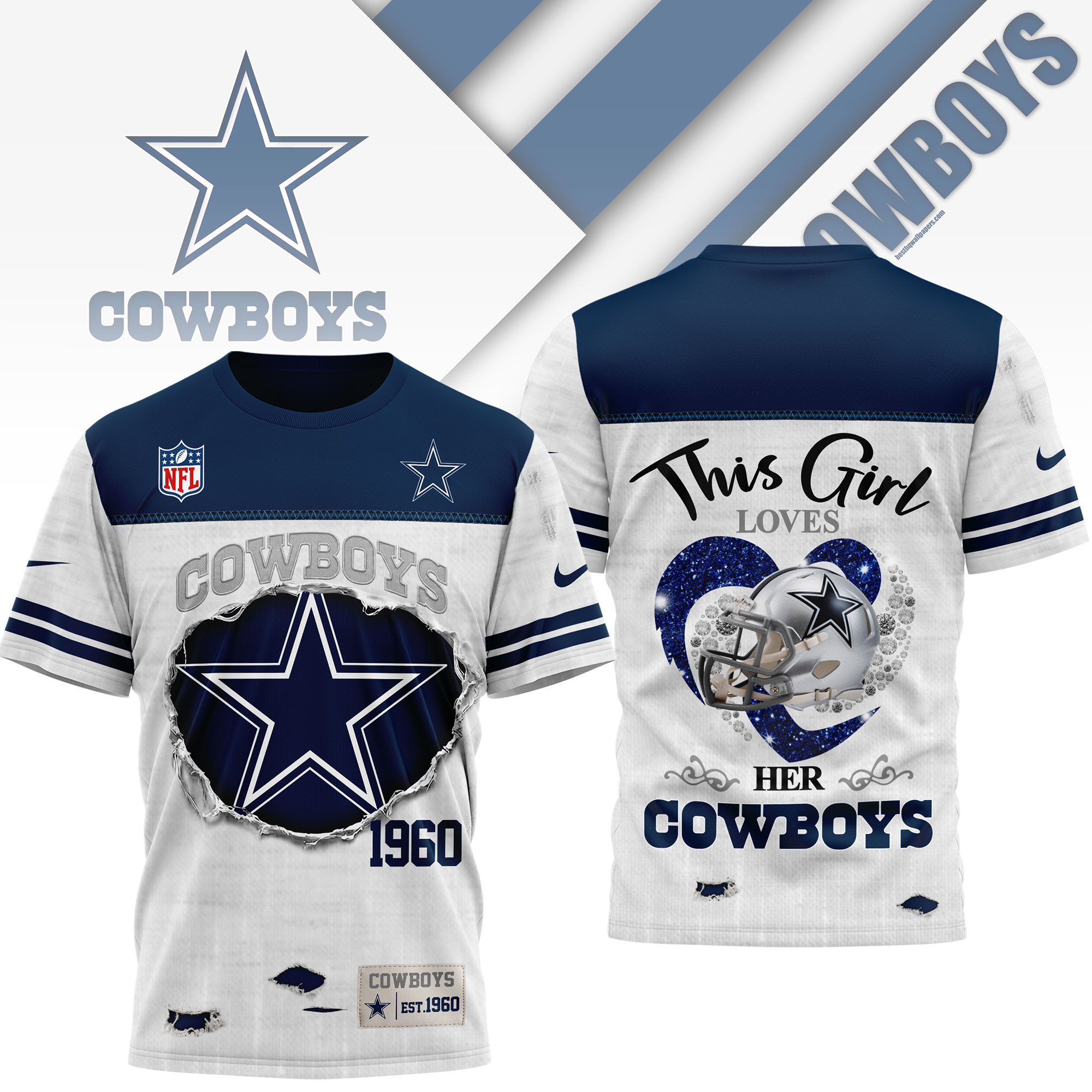 Dallas Cowboys | Premium NFL Girl Heart & Helmet 3D Shirt NTH1