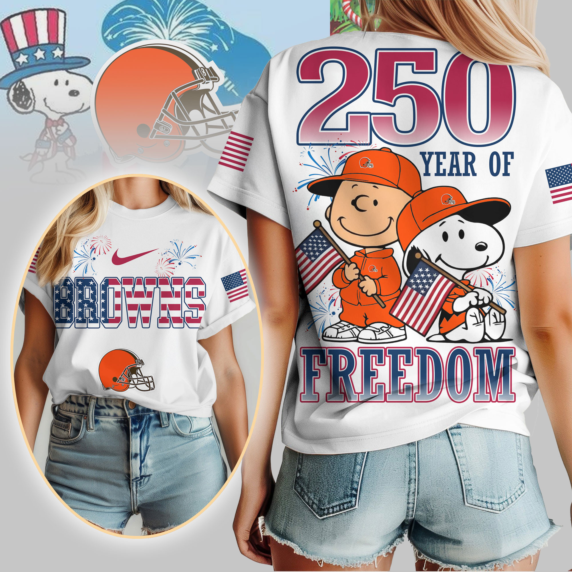Cleveland Browns | Premium NFL Peanuts 250 Years Of Freedom 3D Shirt NP