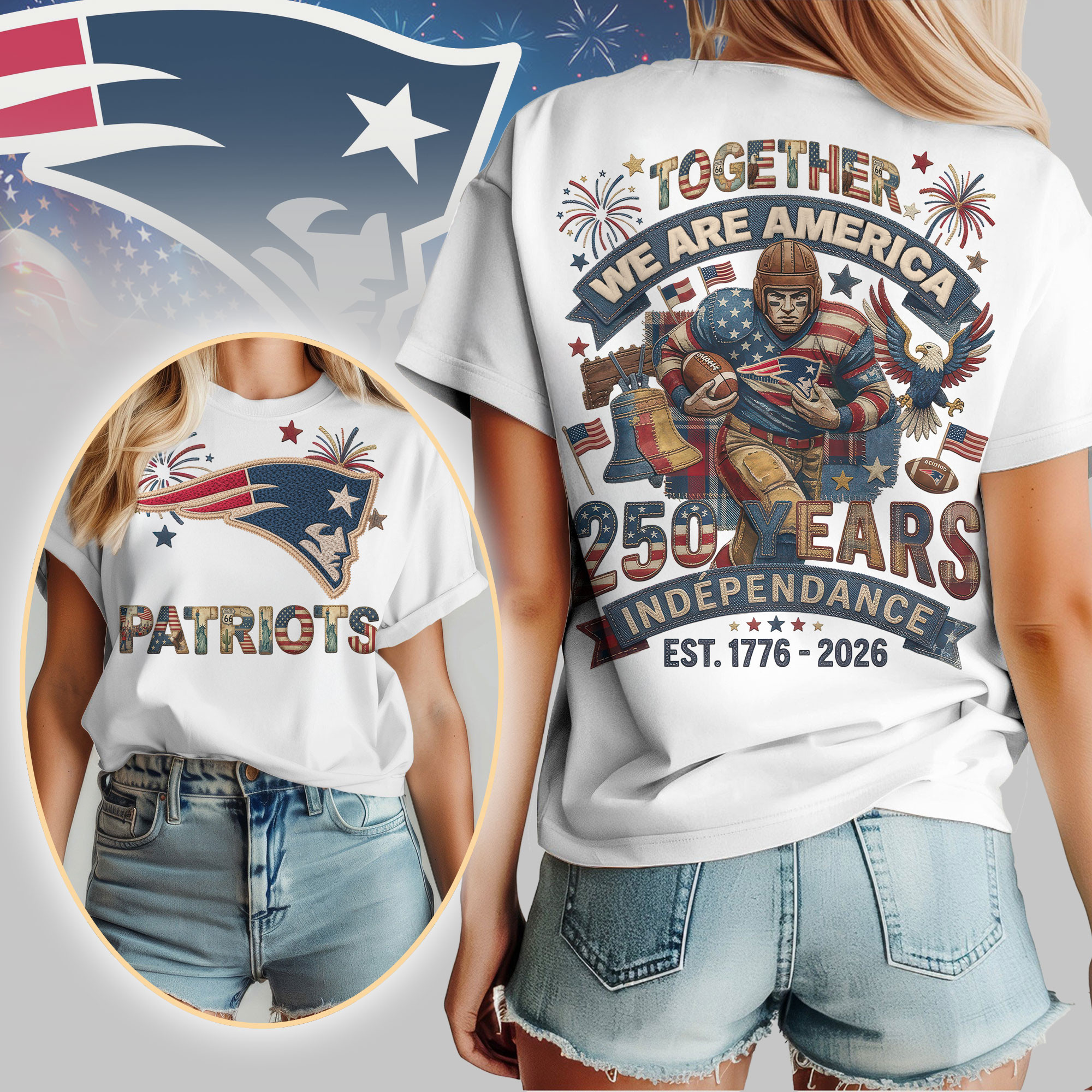 New England Patriots | Premium NFL 250th Anniversary Of America Patchwork Women Shirt HY