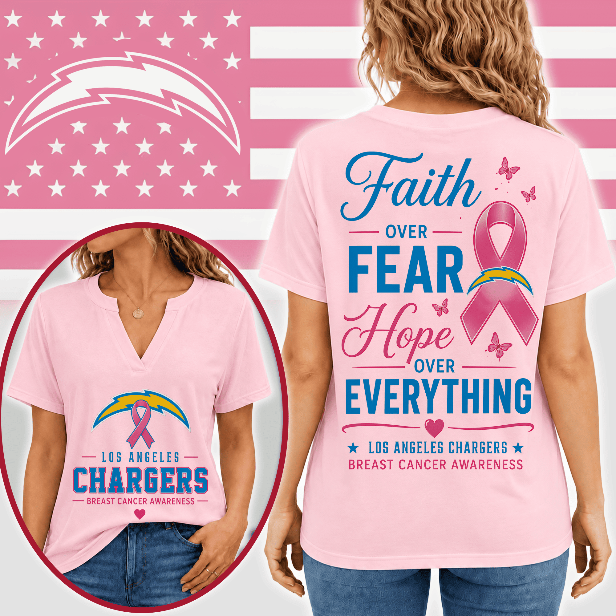 Los Angeles Chargers | Premium NFL Faith Through Every Battle Pink Ribbon Split Neck T-Shirt NTH1