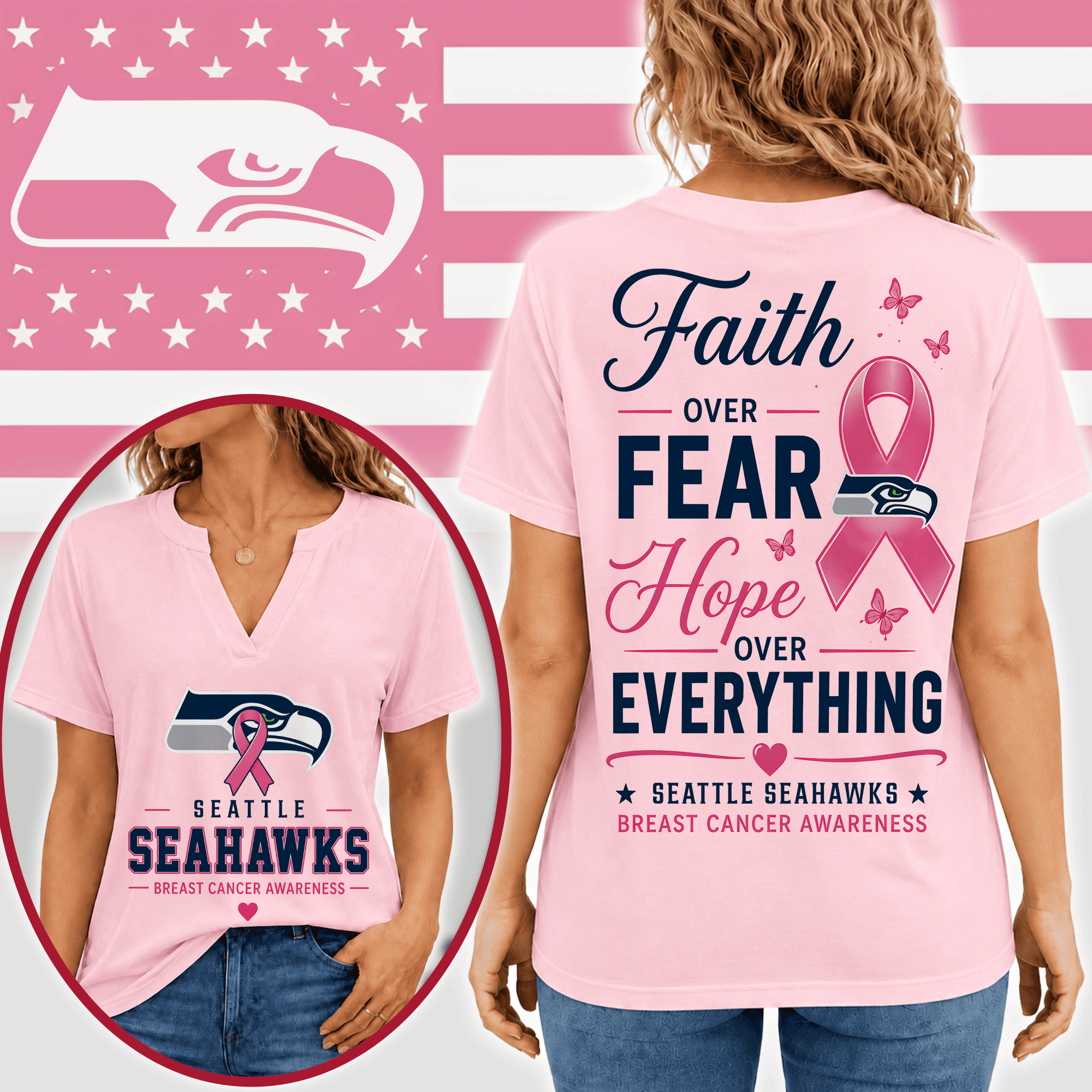 Seattle Seahawks | Premium NFL Faith Through Every Battle Pink Ribbon Split Neck T-Shirt NTH1