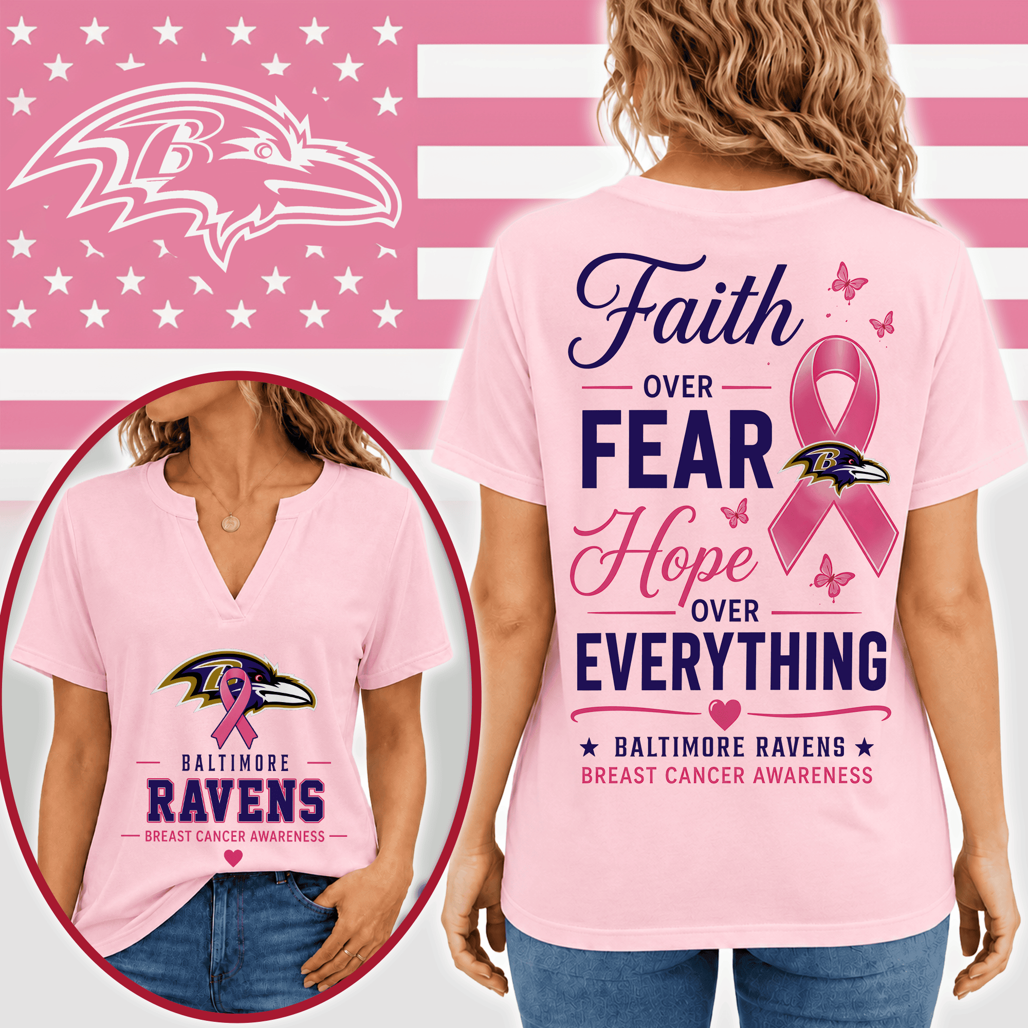 Baltimore Ravens | Premium NFL Faith Through Every Battle Pink Ribbon Split Neck T-Shirt NTH1