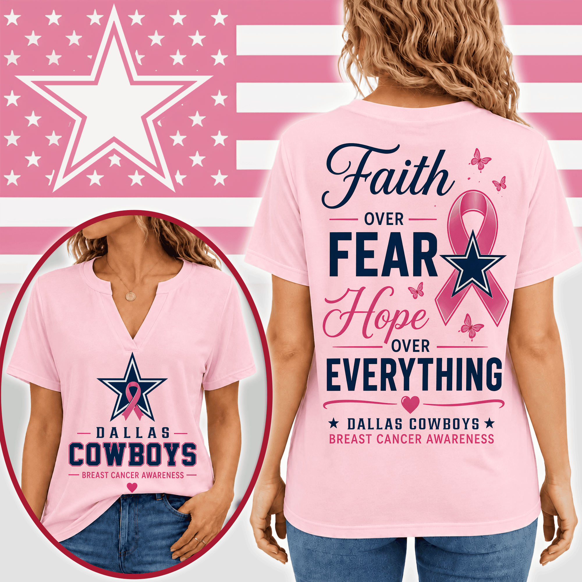 Dallas Cowboys | Premium NFL Faith Through Every Battle Pink Ribbon Split Neck T-Shirt NTH1