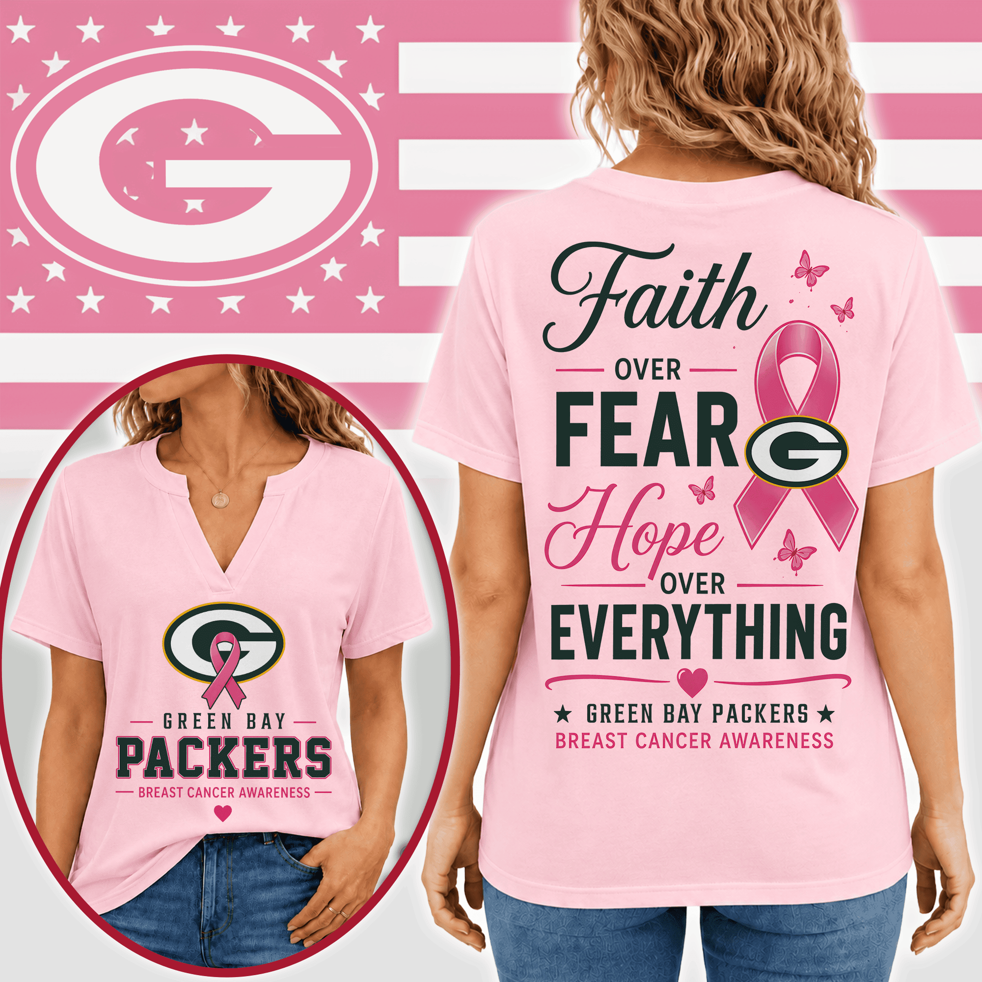 Green Bay Packers | Premium NFL Faith Through Every Battle Pink Ribbon Split Neck T-Shirt NTH1