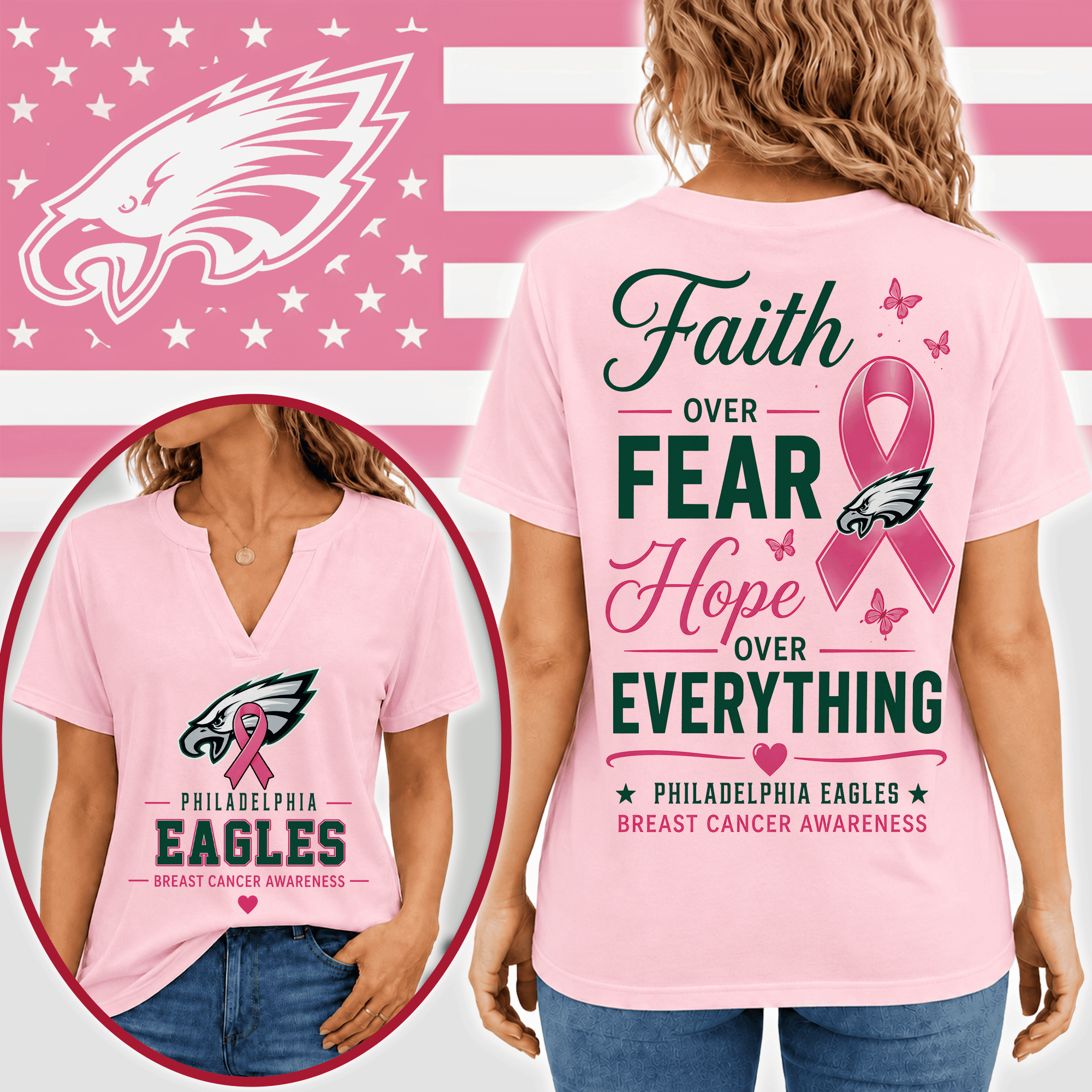Philadelphia Eagles | Premium NFL Faith Through Every Battle Pink Ribbon Split Neck T-Shirt NTH1