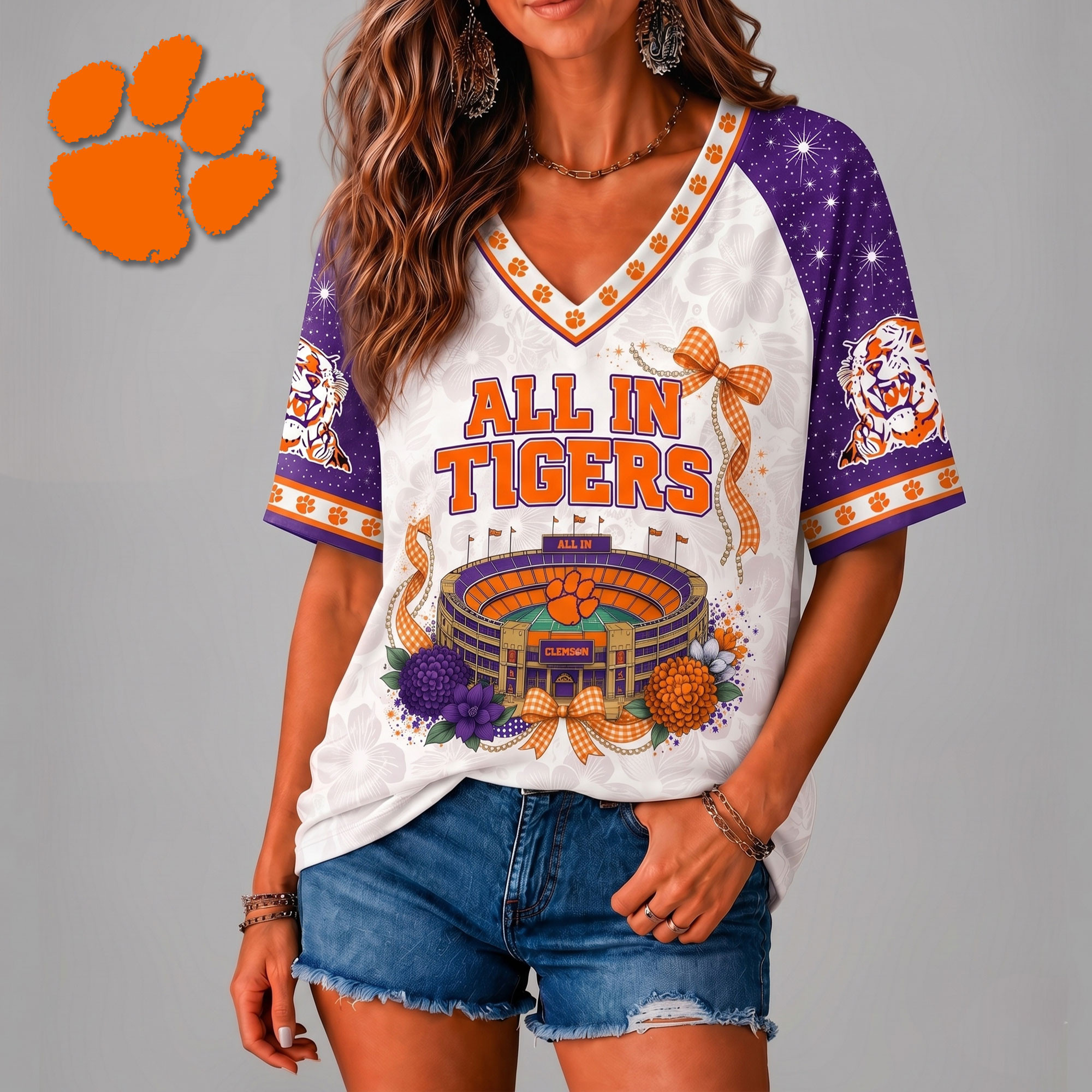 Clemson Tigers | Premium NCAA Floral Stadium Bow 3D Shirt NY