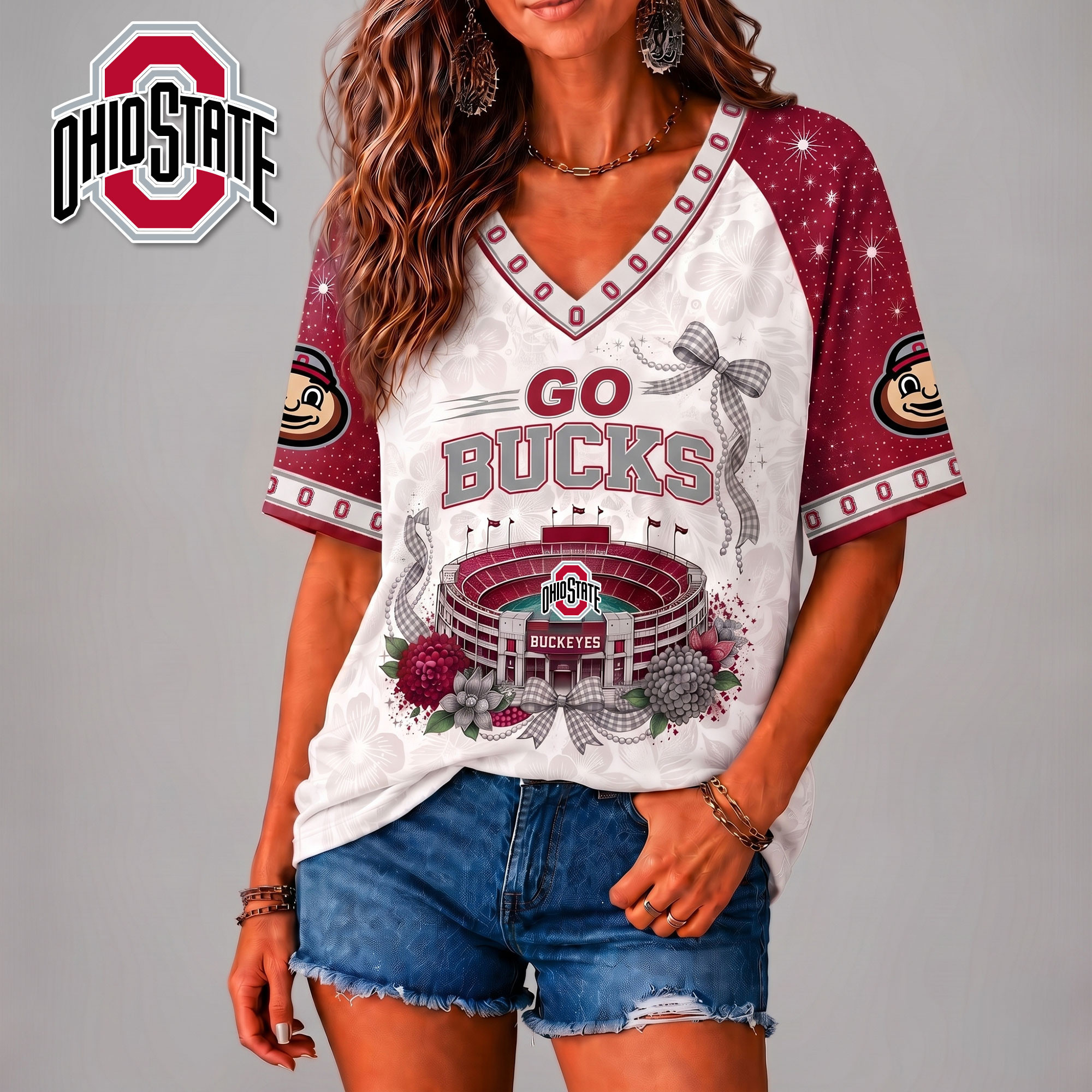 Ohio State Buckeyes | Premium NCAA Floral Stadium Bow 3D Shirt NY