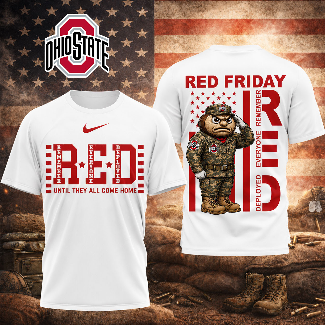 Ohio State Buckeyes | Premium NCAA Red Friday Support Our Troops T-Shirt TD