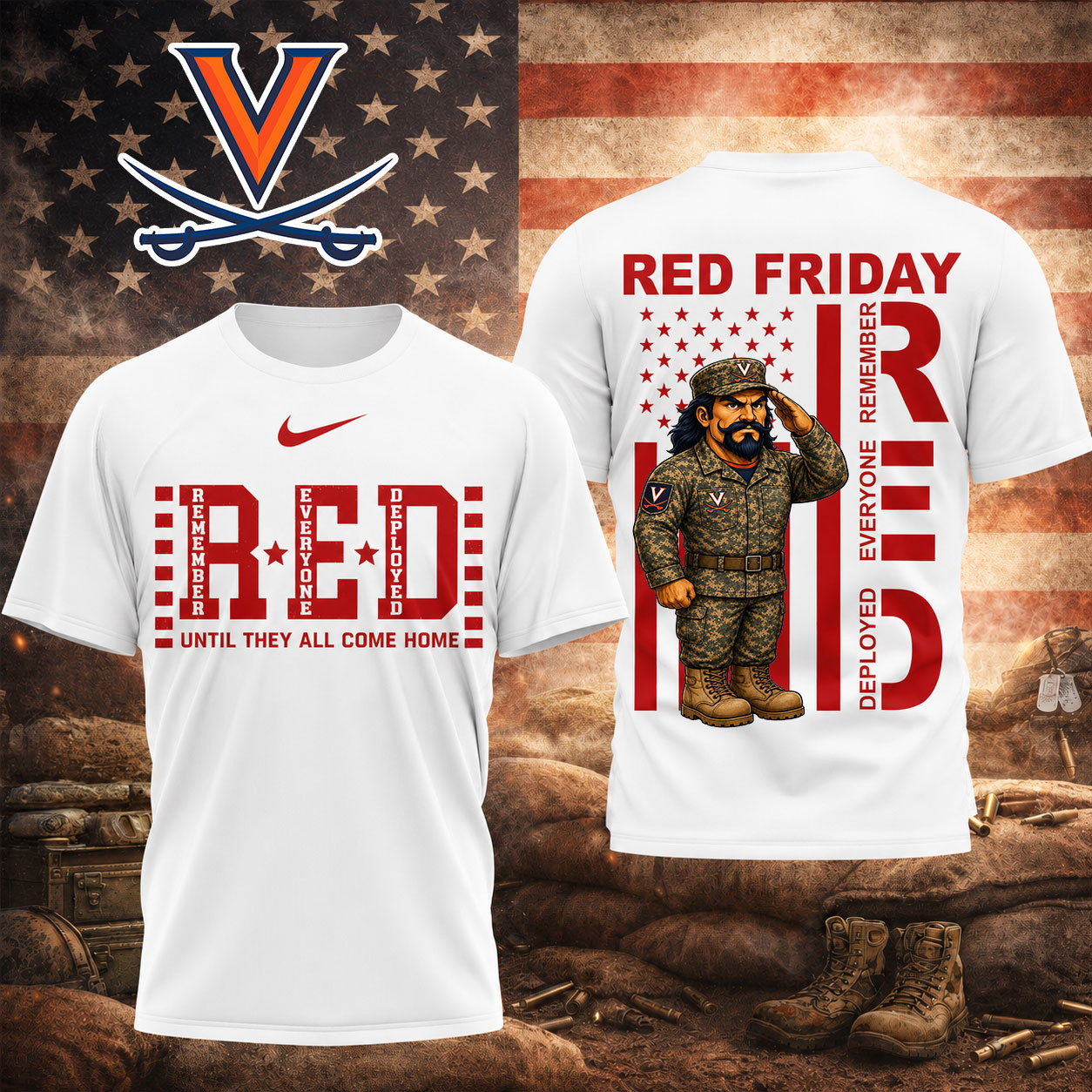 Virginia Cavaliers | Premium NCAA Red Friday Support Our Troops T-Shirt TD